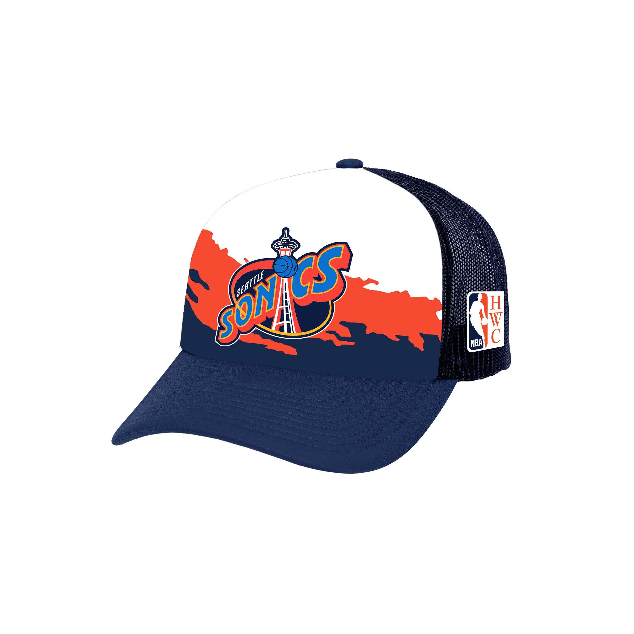 Mitchell & Ness Seattle Super Sonics Paintbrush Trucker Snapback - NAVY/ORANGE