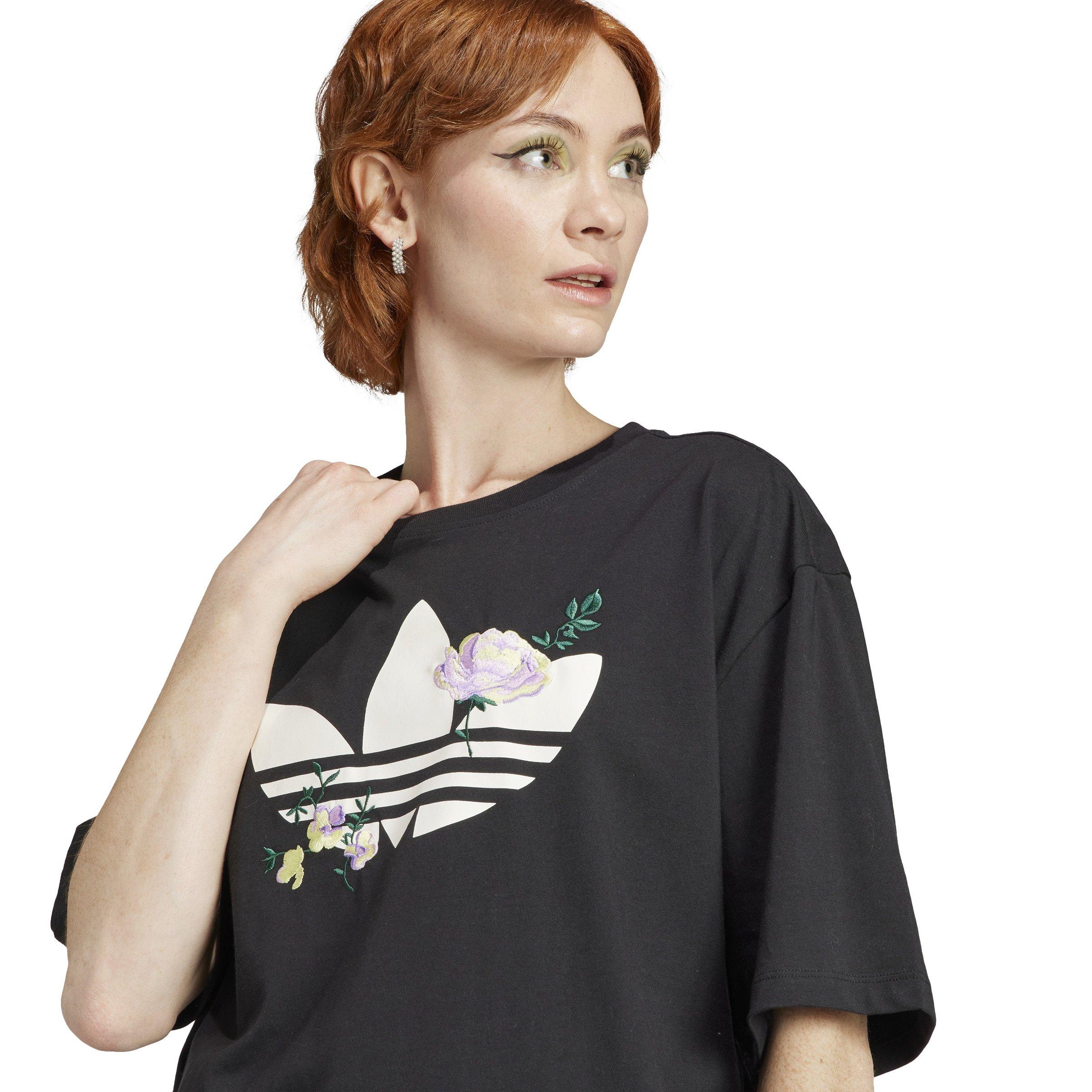 adidas Women's Floral Trefoil Logo Tee-Black - BLACK Thumbnail View 3