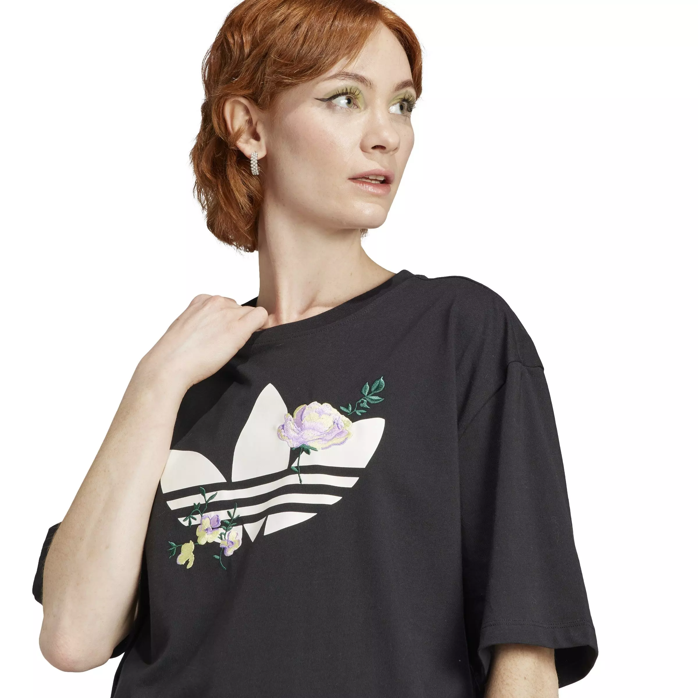 adidas Women's Floral Trefoil Logo Tee-Black - BLACK