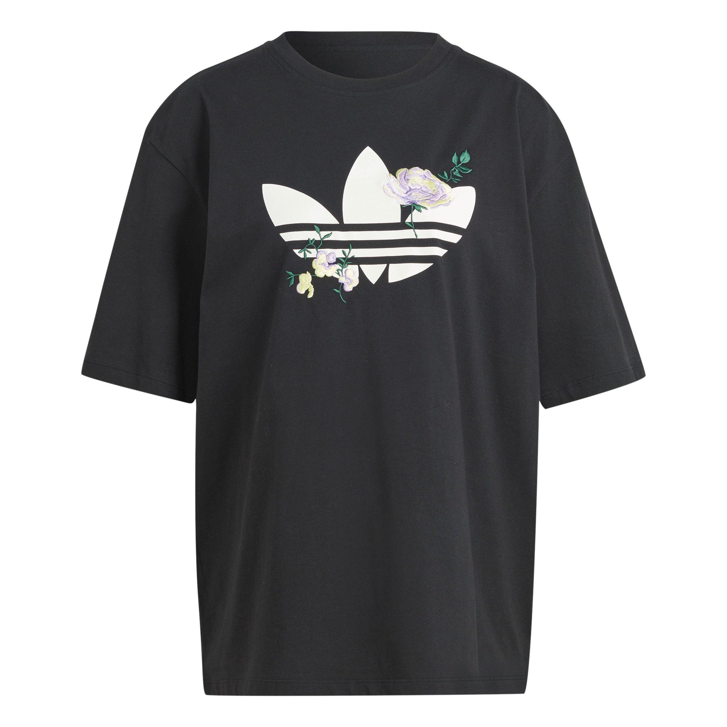 adidas Women's Floral Trefoil Logo Tee-Black - BLACK Thumbnail View 7