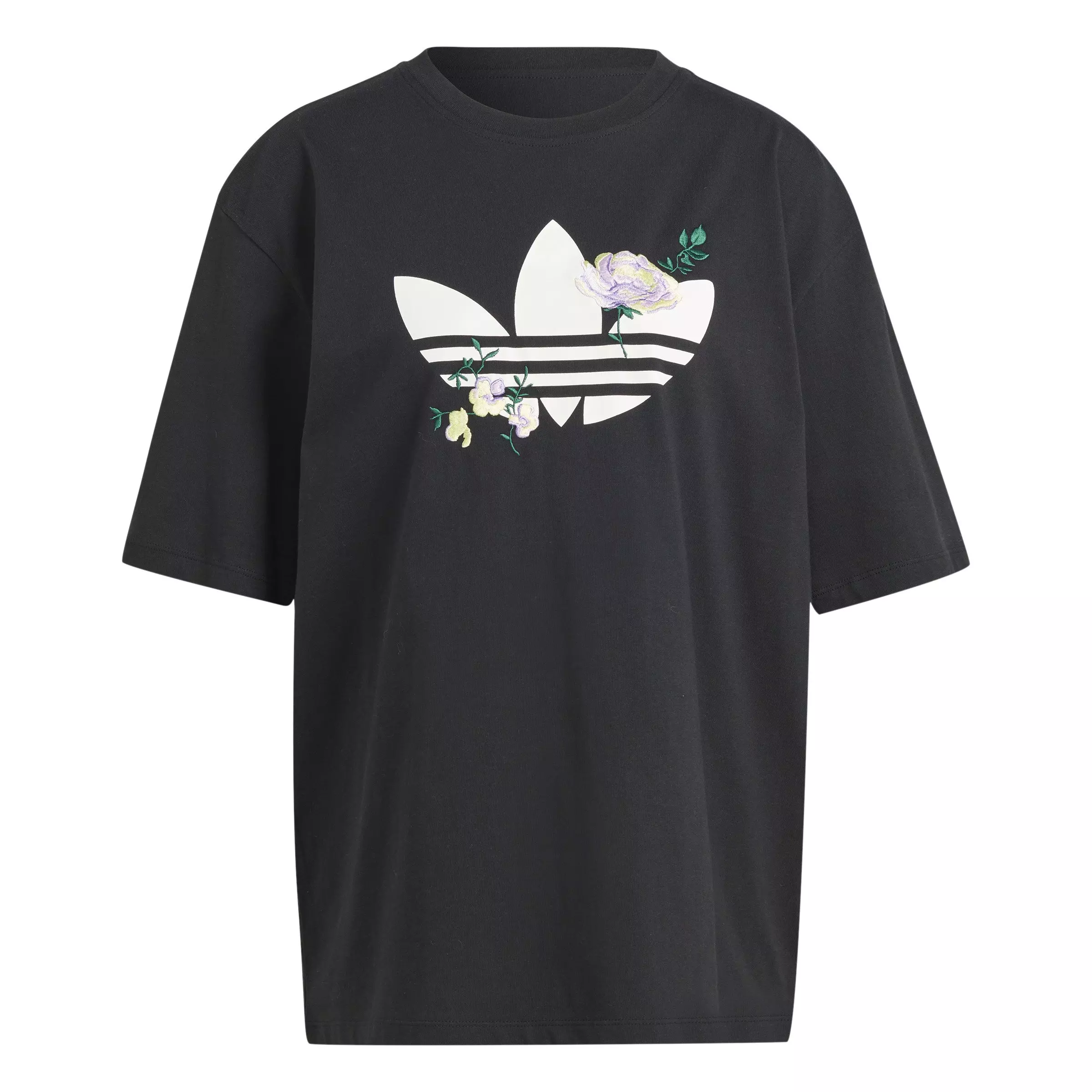adidas Women's Floral Trefoil Logo Tee-Black - BLACK