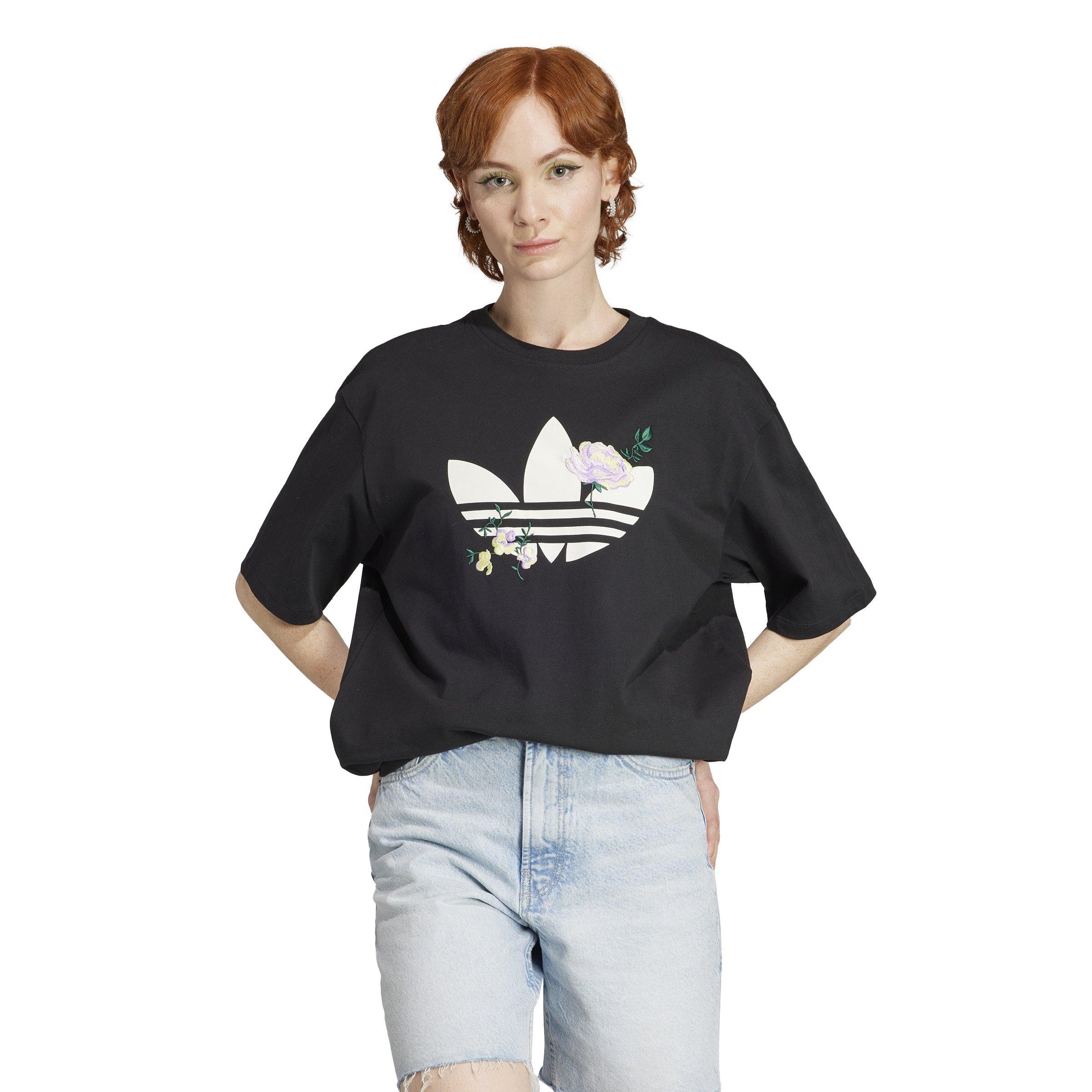 adidas Women's Floral Trefoil Logo Tee-Black - BLACK Thumbnail View 4