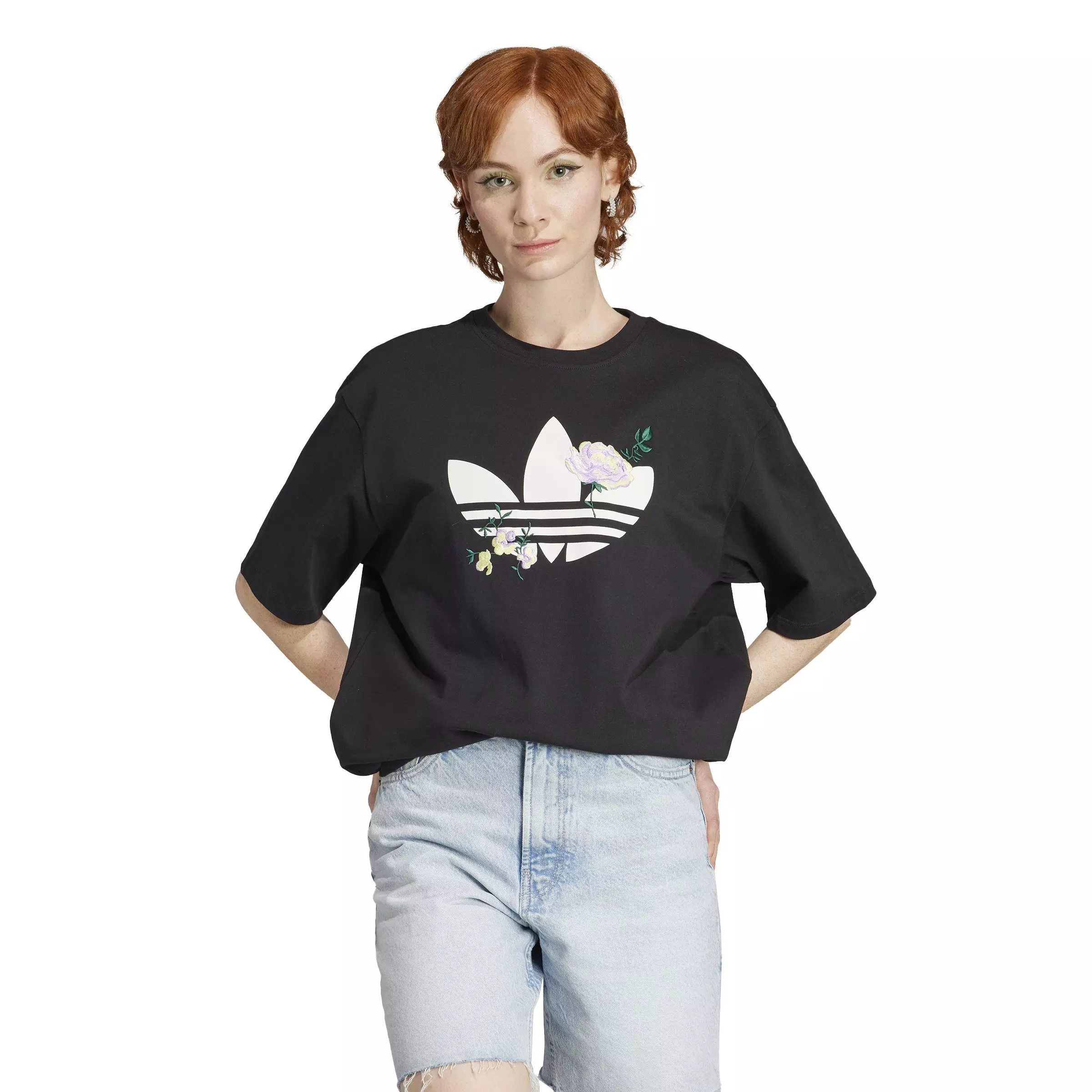 adidas Women's Floral Trefoil Logo Tee-Black - BLACK