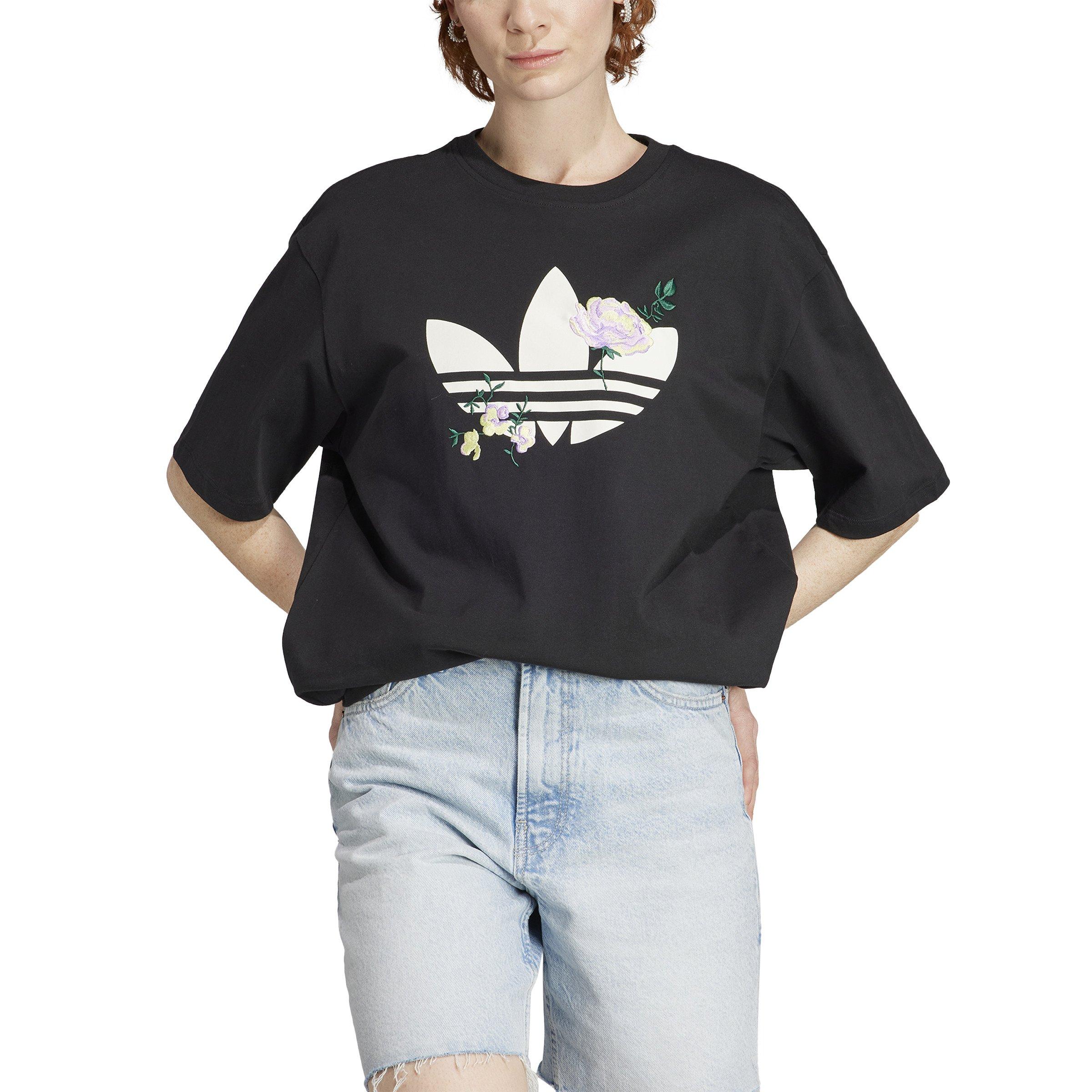 adidas Women's Floral Trefoil Logo Tee-Black - BLACK Thumbnail View 1