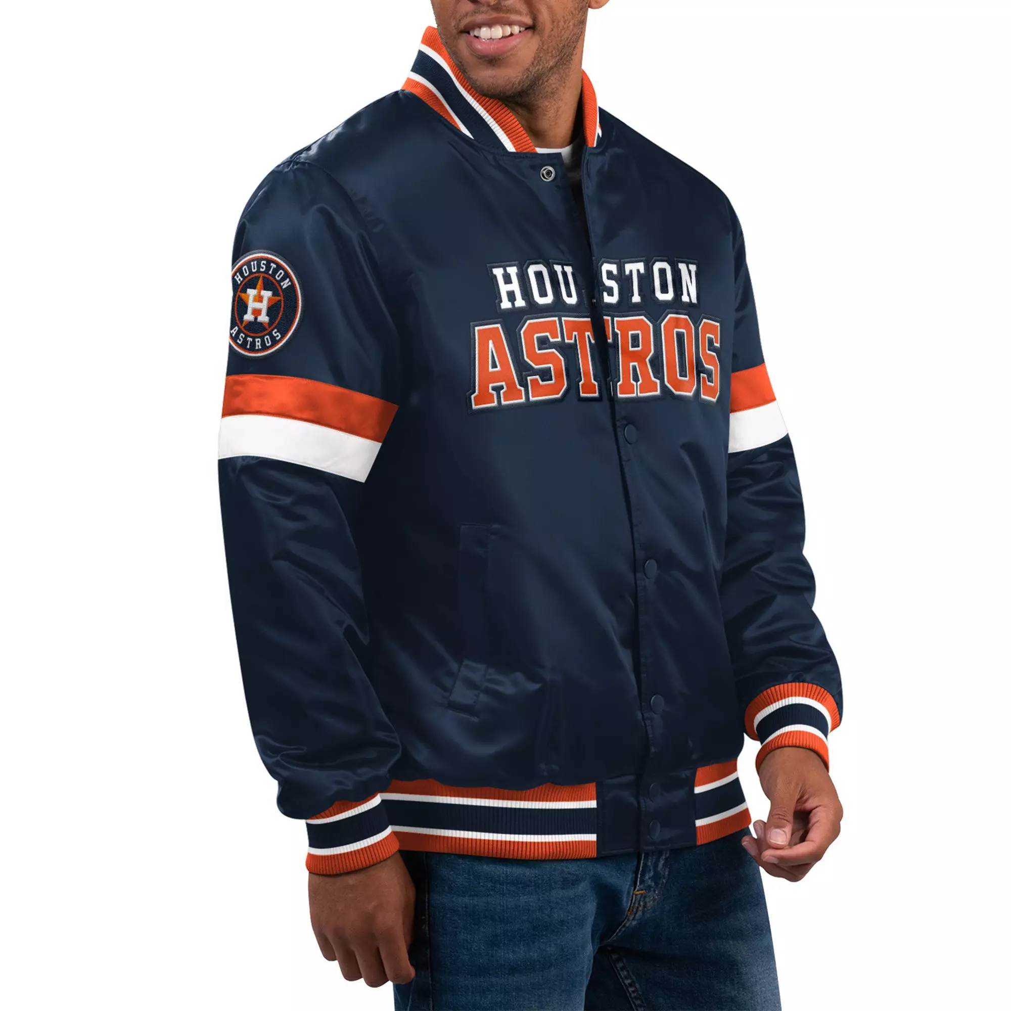 Starter Men's Houston Astros Home Game Satin Varsity Jacket-Navy - NAVY
