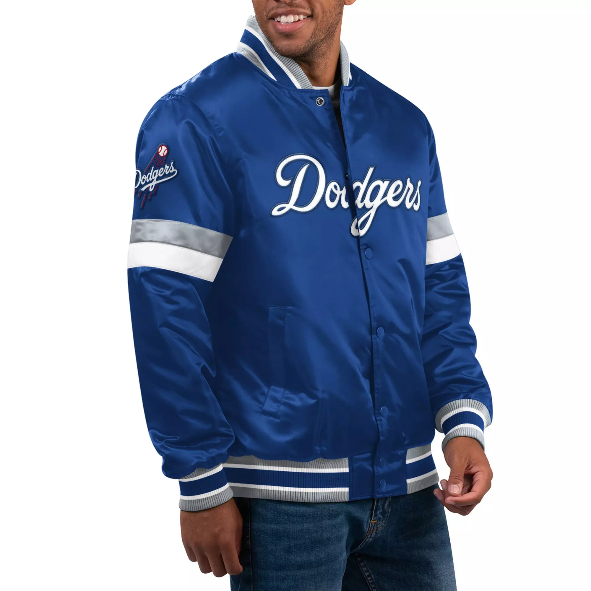Starter Men's Los Angeles Dodgers Home Game Satin Varsity Jacket-Blue - BLUE
