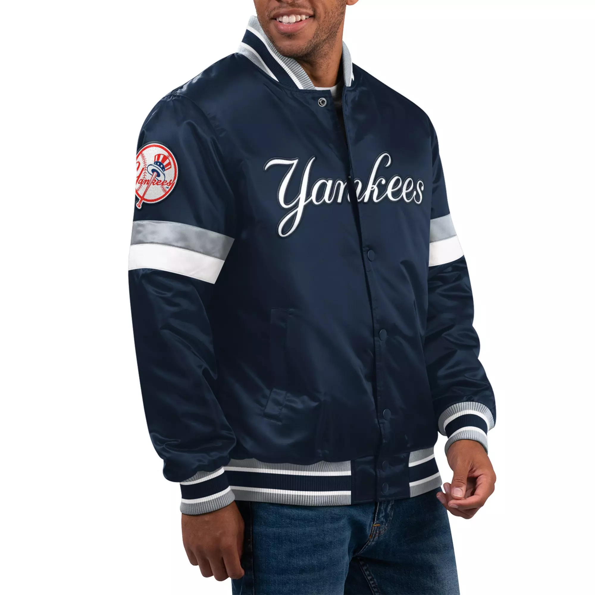 Starter Men's New York Yankees Home Game Satin Varsity Jacket-Navy - NAVY