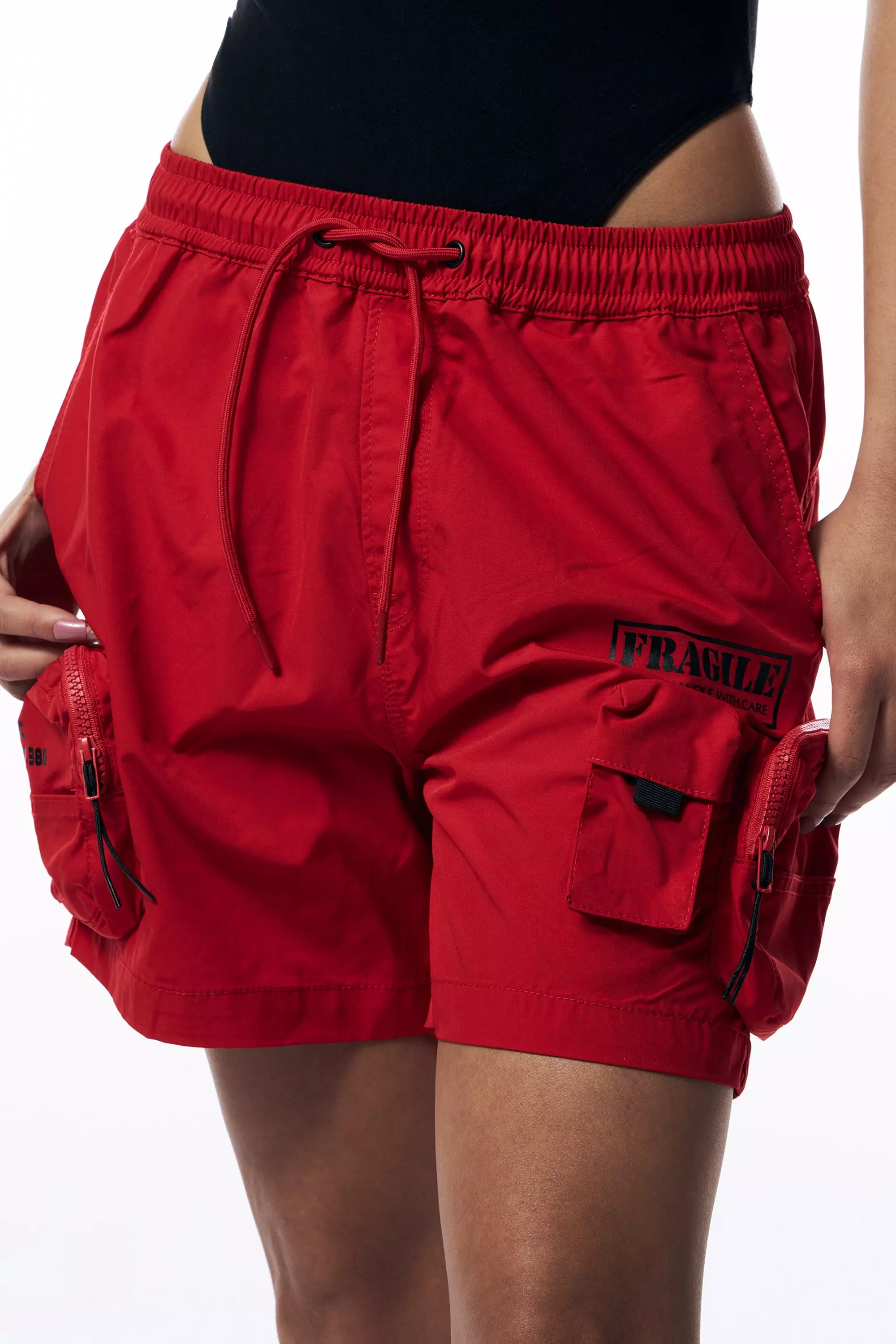 Smoke Rise Women's Cargo Nylon Shorts-Red - RED