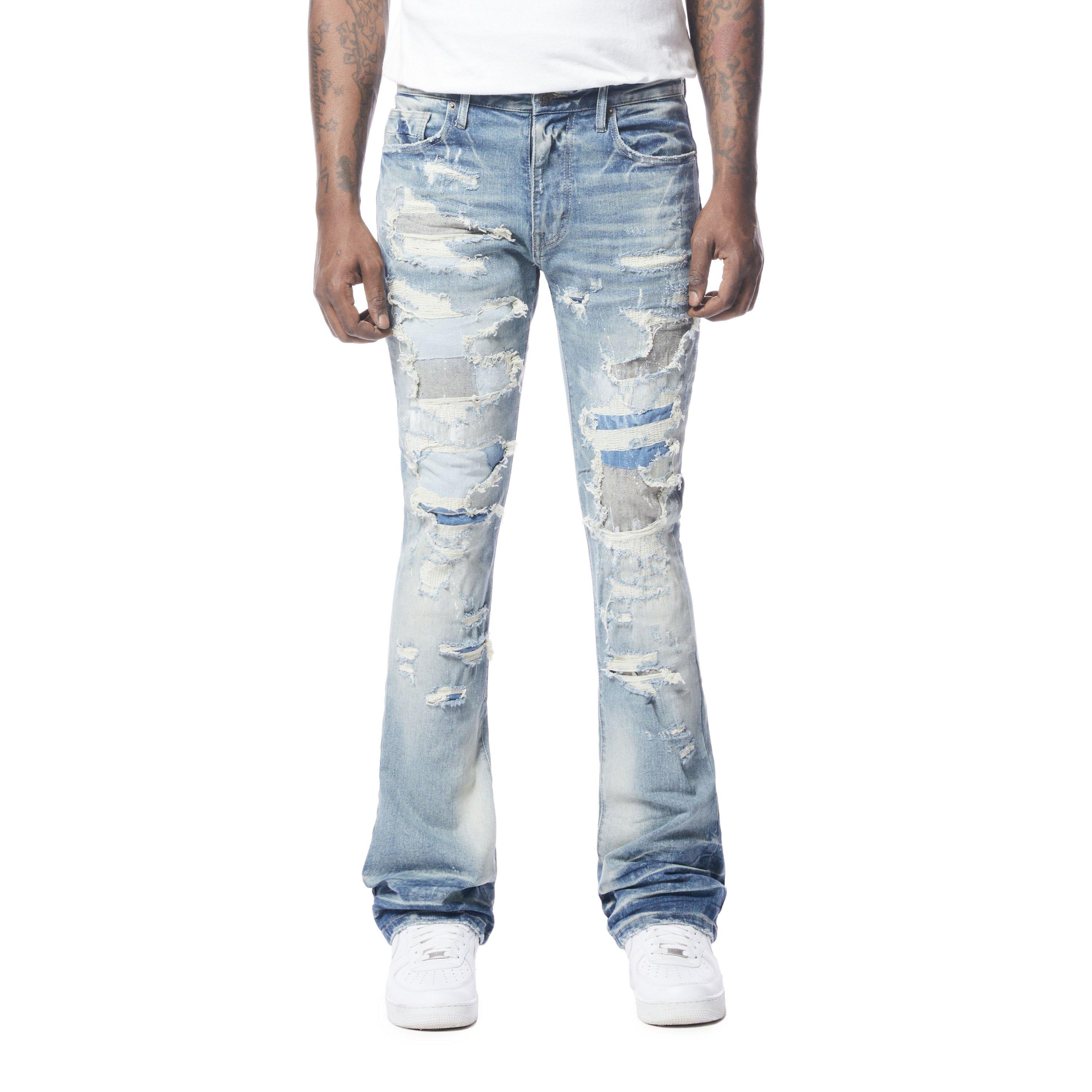 Grindhouse Men's Stacked Ripped Flared Jeans - Roxbury Blue - BLUE