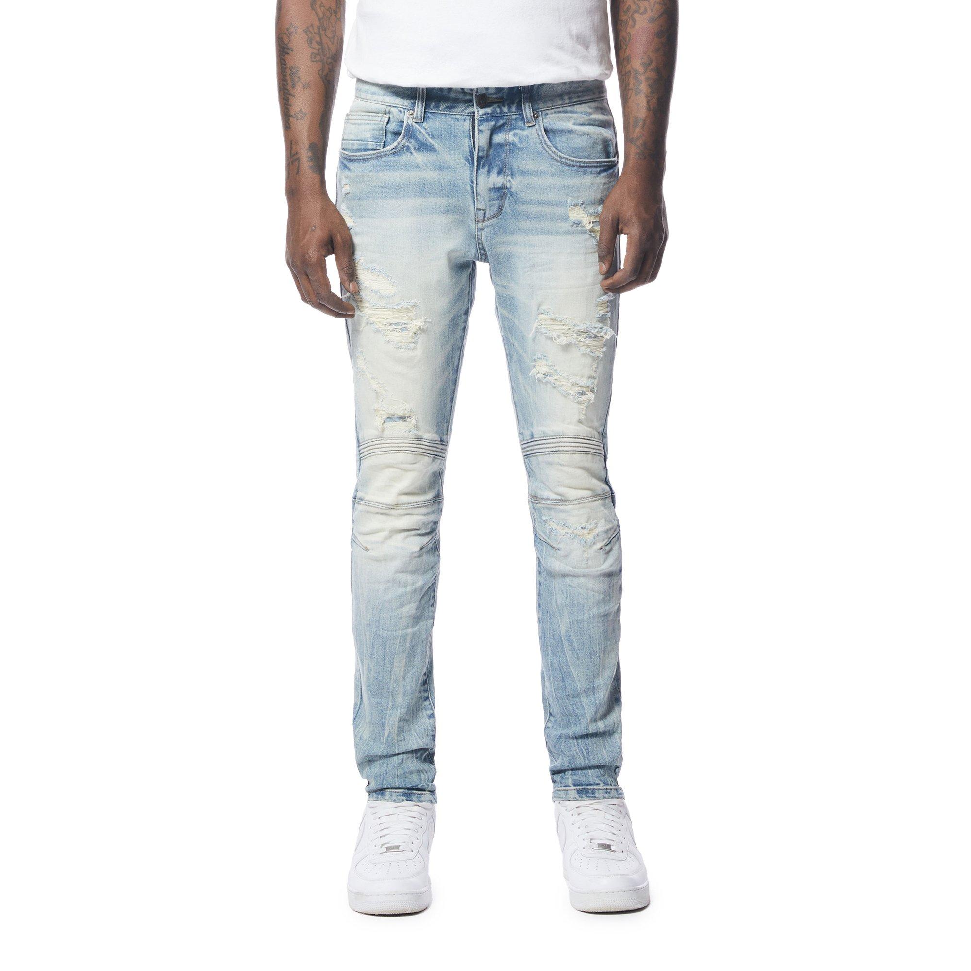 Grindhouse Men's Blue Wash Ripped Curved Knee Detailed Jeans - BLUE