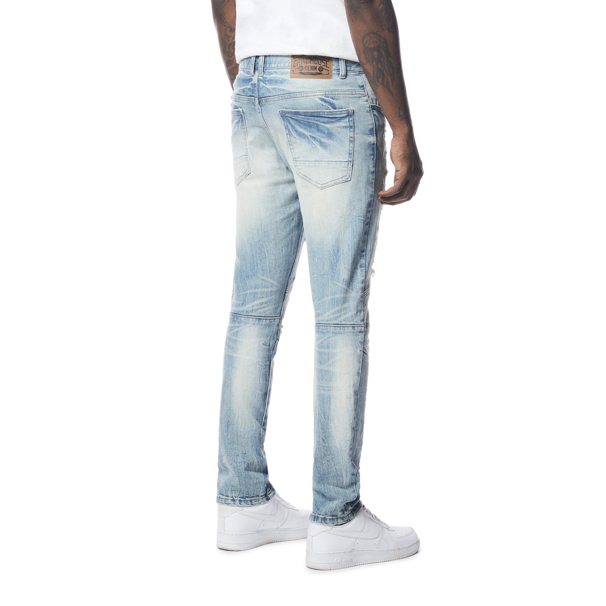 Grindhouse Blue Wash Ripped Curved Knee Detailed Men's Jeans