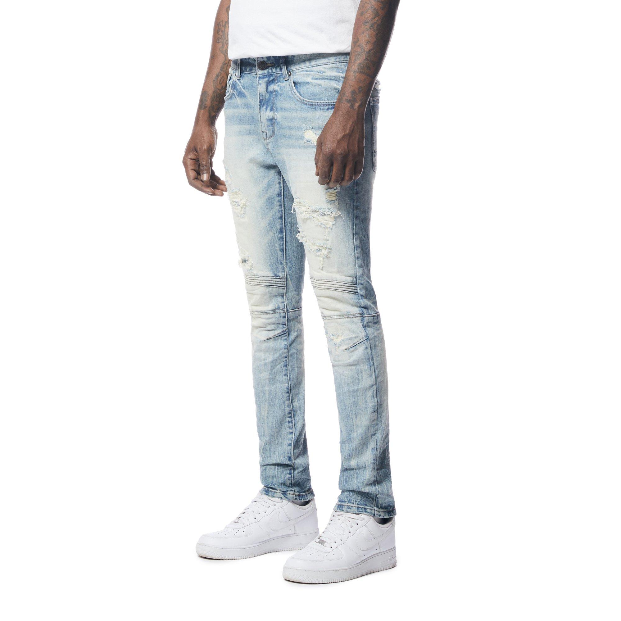 Grindhouse Blue Wash Ripped Curved Knee Detailed Men's Jeans