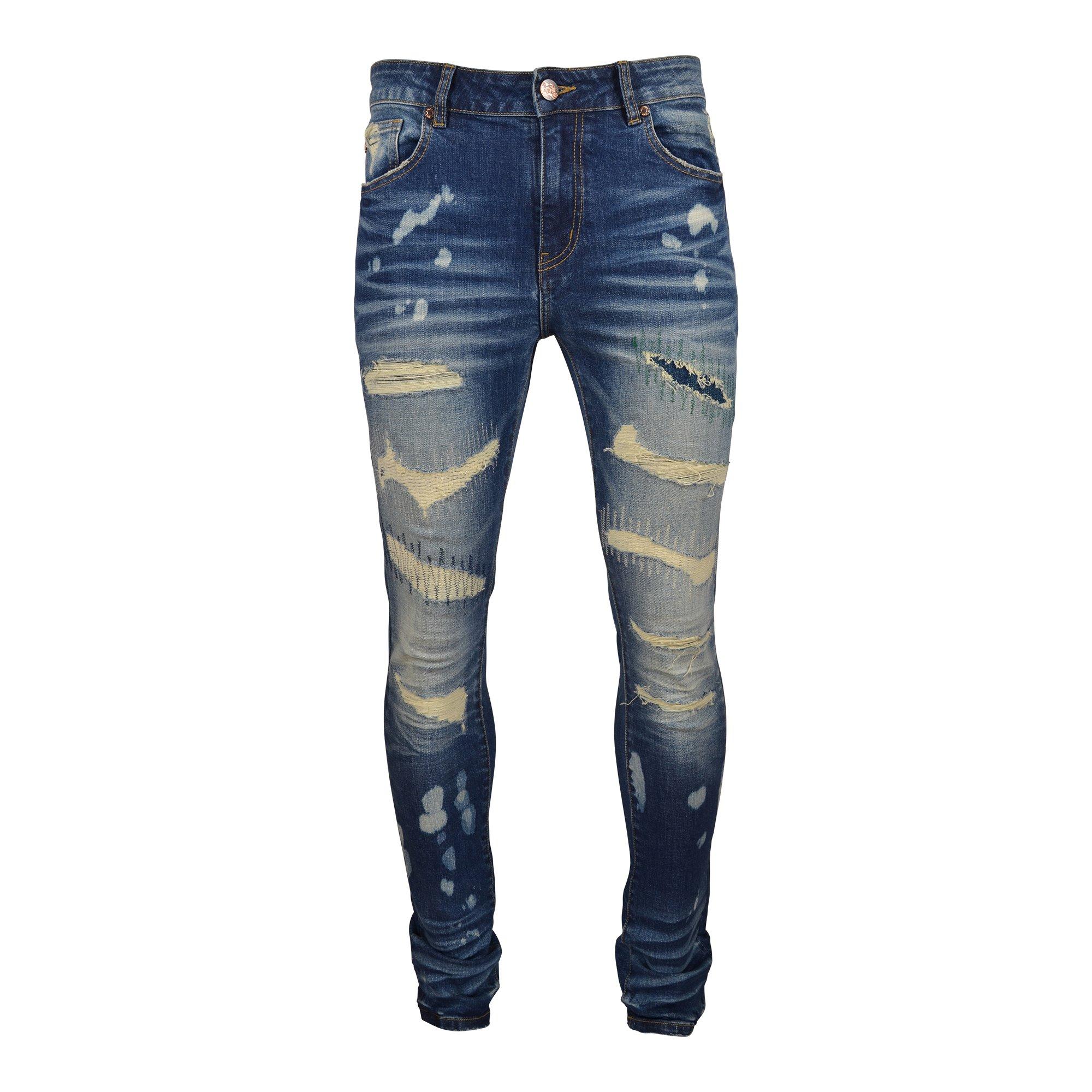 Grindhouse Men's Blue Dark Wash Rip N Repair Slim Fit Jeans Hibbett