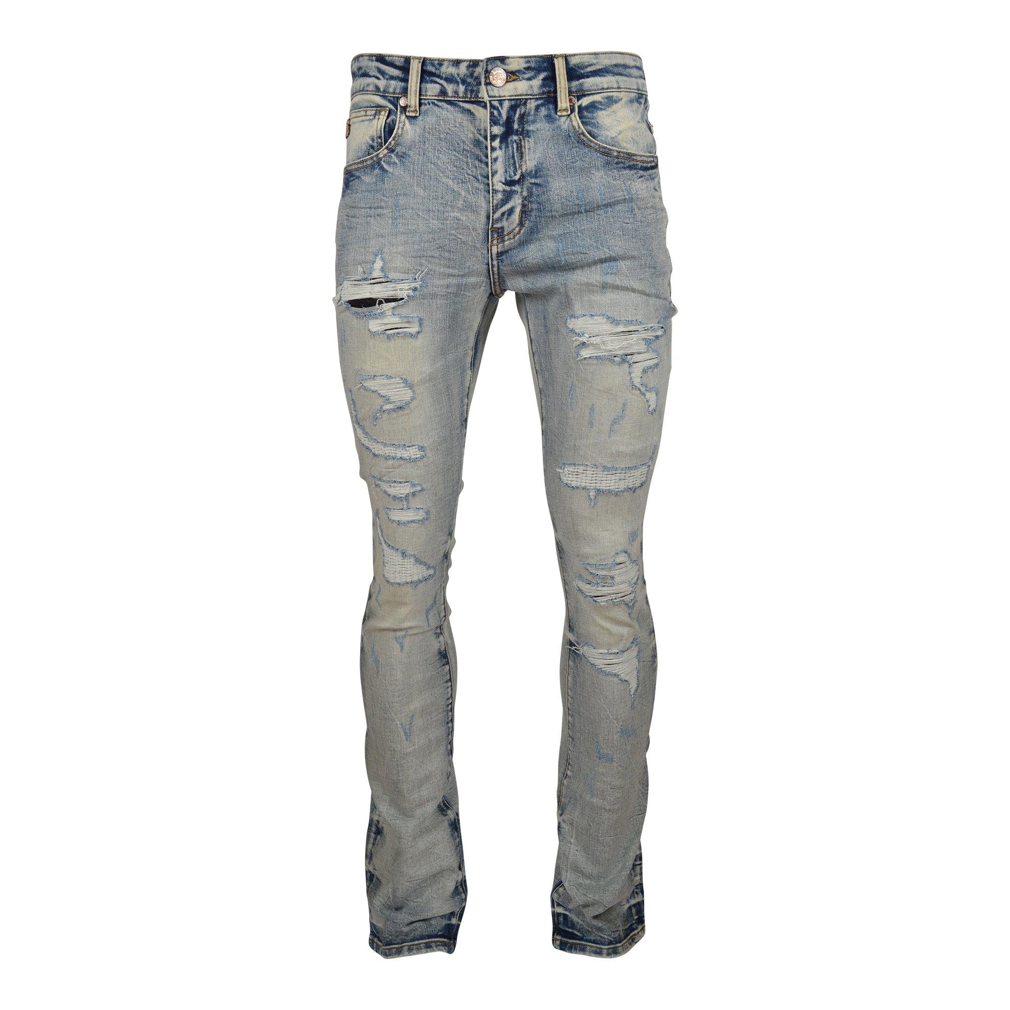 Grindhouse Men's Blue Stacked Flare Ripped Slim Fit Denim Jeans