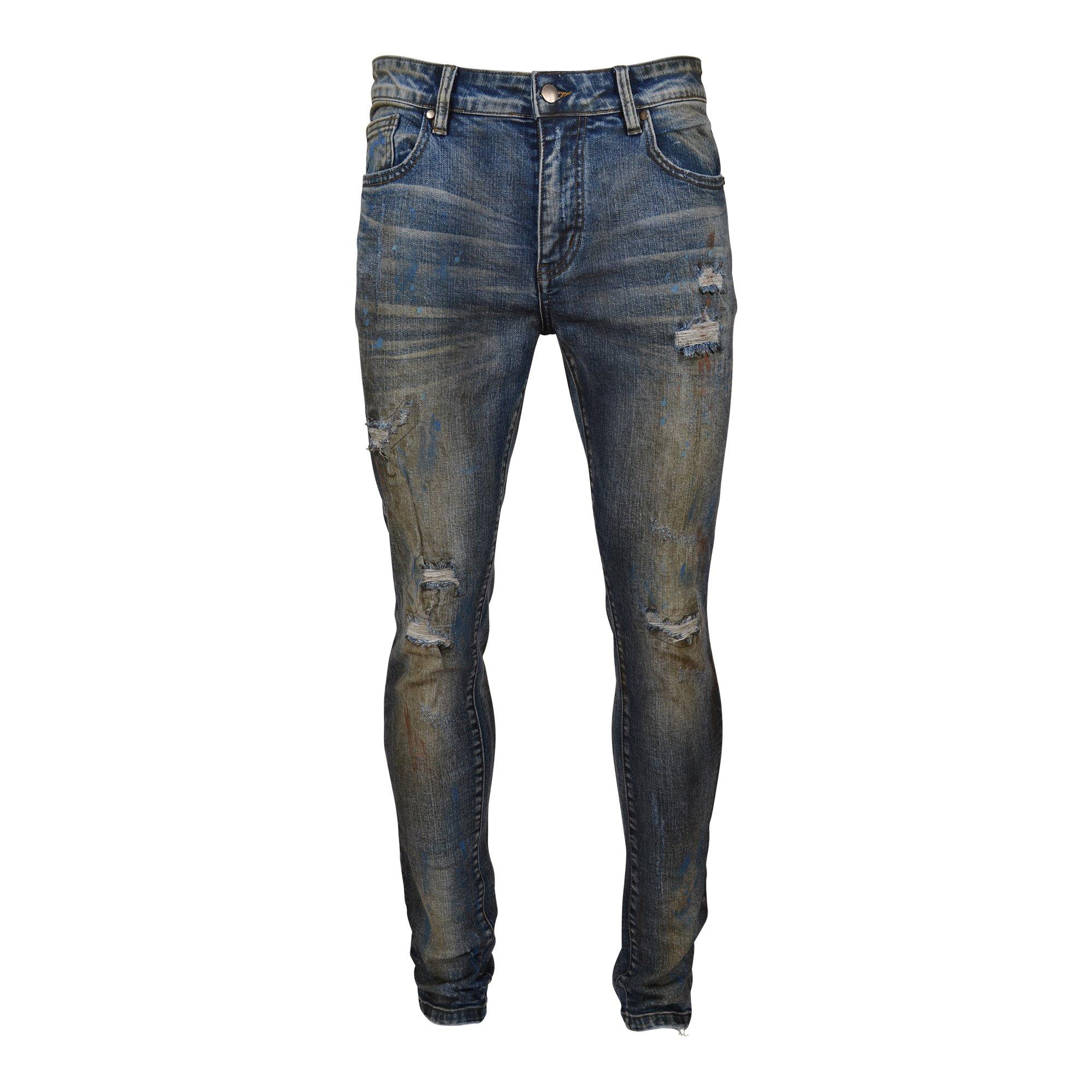 Grindhouse Men's Blue Washed Ripped Slim Fit Denim Jeans - BLUE