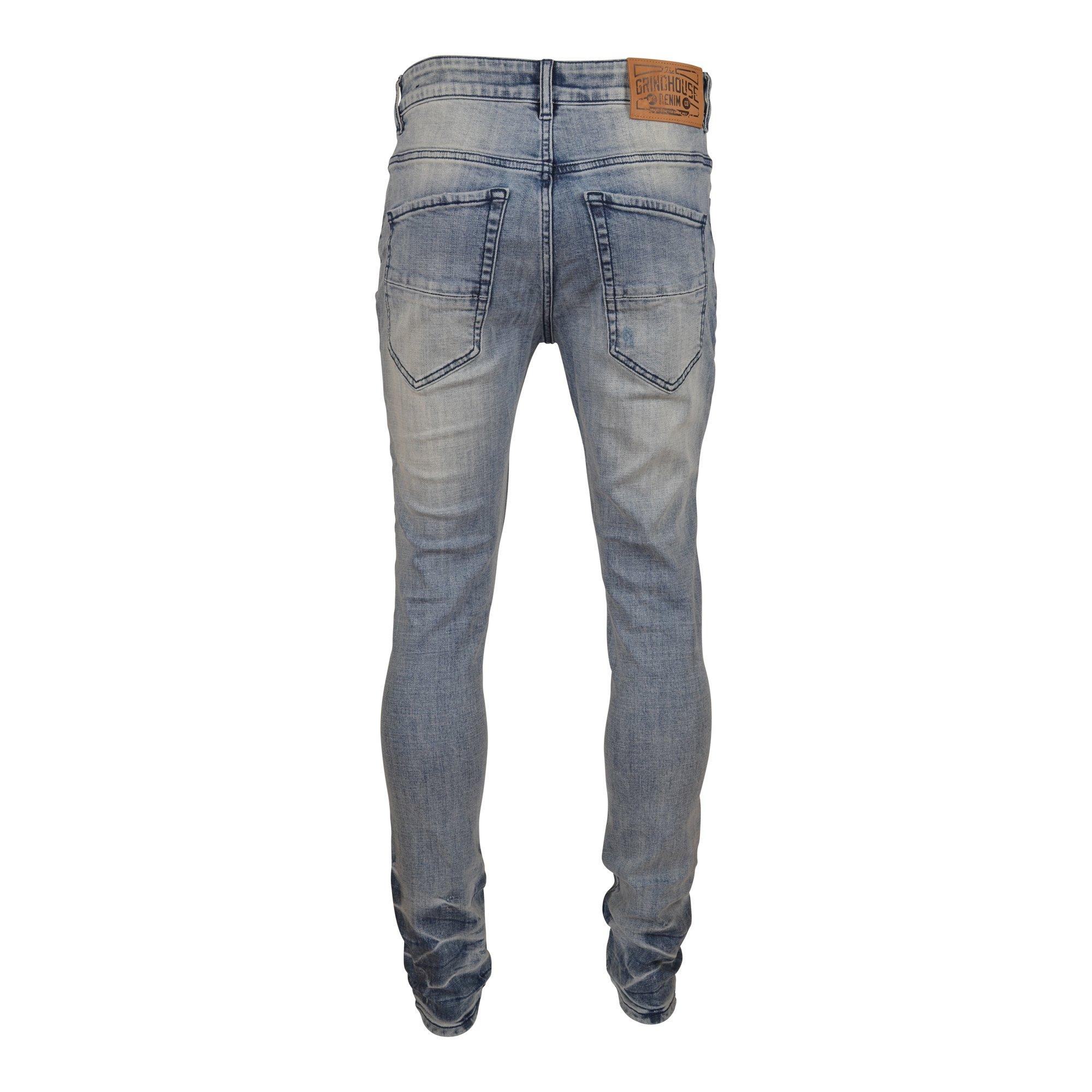 Grindhouse Men's Blue Vintage Ripped Slim Fit Denim Jeans - BLUE Thumbnail View 2