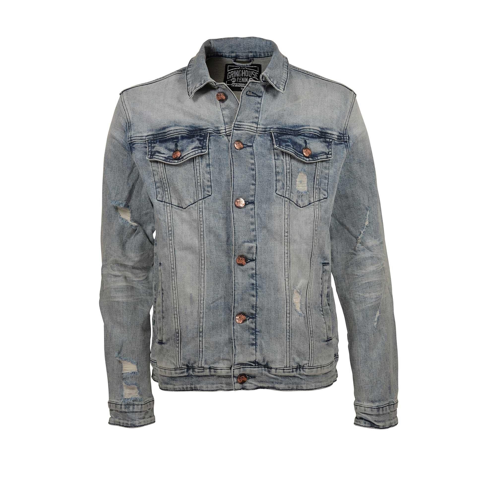 Grindhouse Men's Blue Vintage Ripped Denim Jacket - BLUE