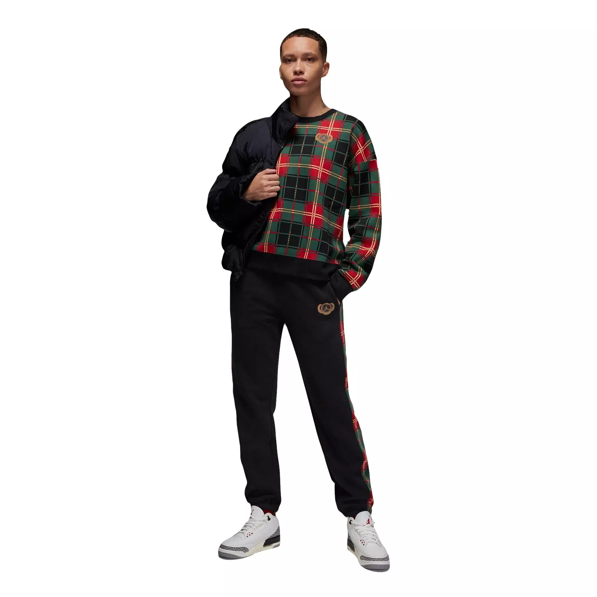 Jordan Women's Brooklyn Plaid Fleece Crew Sweatshirt - BLACK