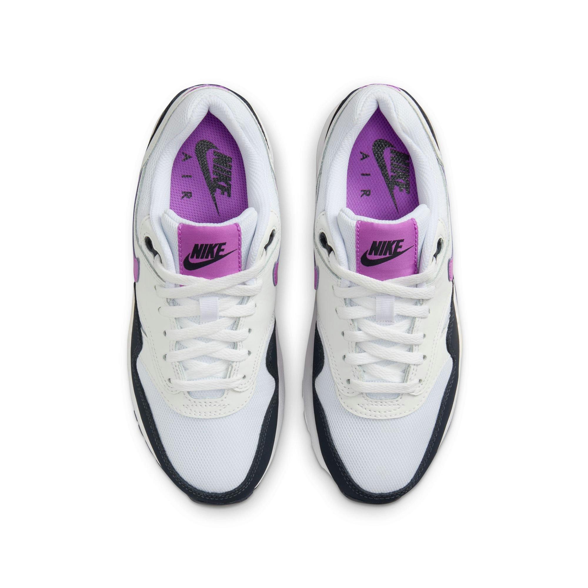 Nike Air Max 1 "White/Fucshia Dream/Dark Obsidian" Grade School Girls' Shoe - WHITE/PURPLE Thumbnail View 7