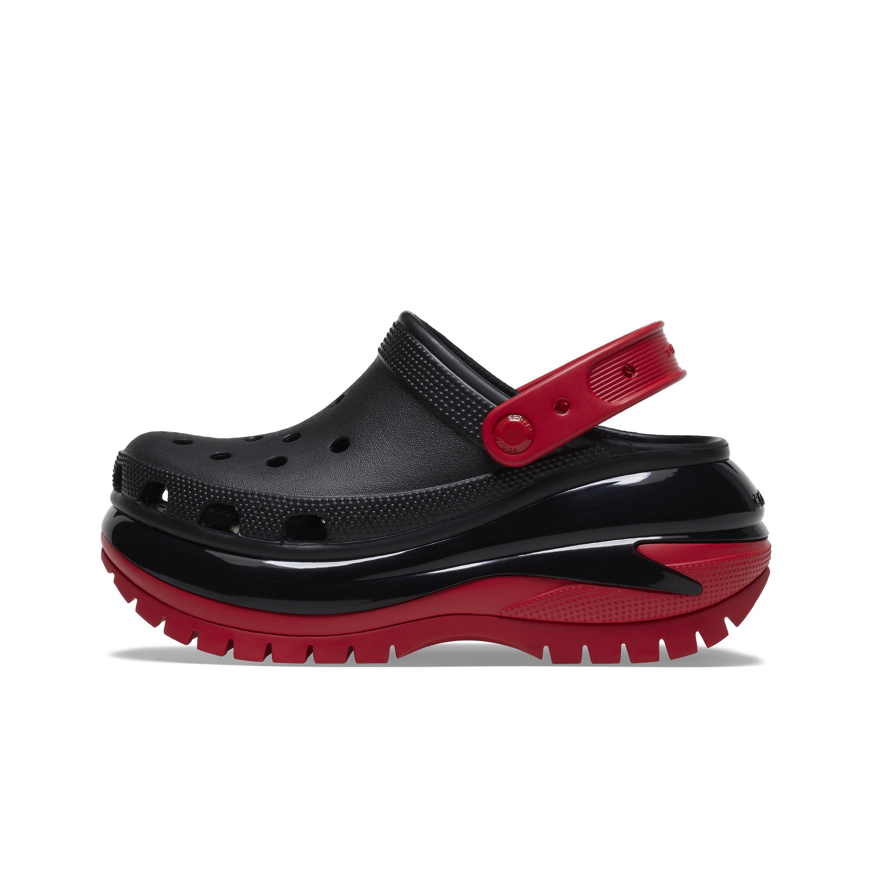 Red and black discount crocs