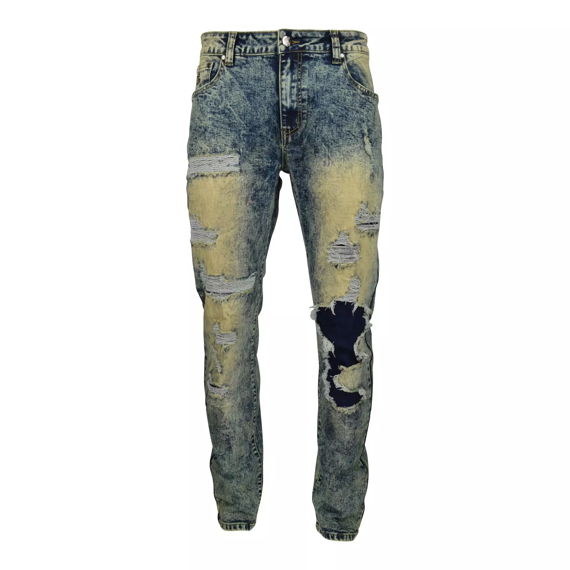 Grindhouse Men's Blue Vintage Wash With Rips Slim Fit Jeans - BLUE