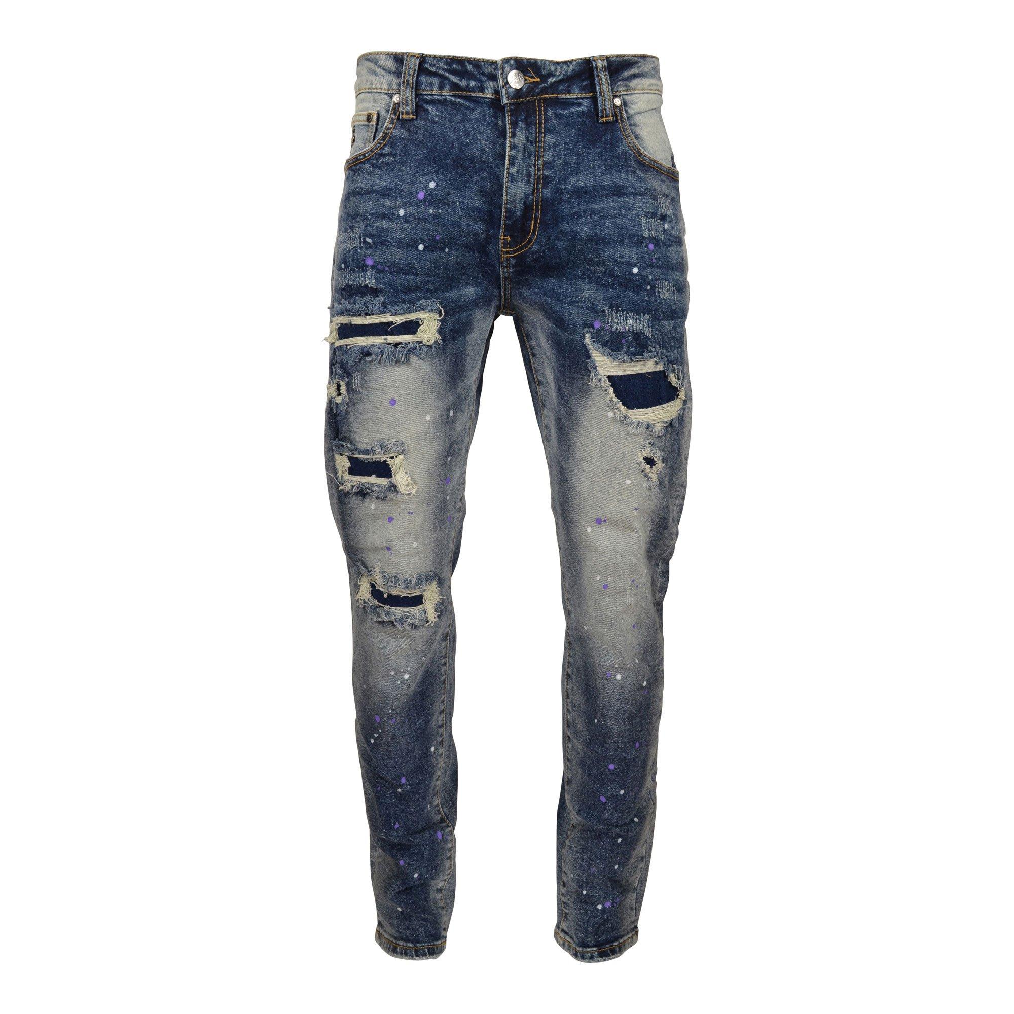 Grindhouse Men's Blue Rips With Dark Blue Backing Slim Fit Jeans - BLUE Thumbnail View 1