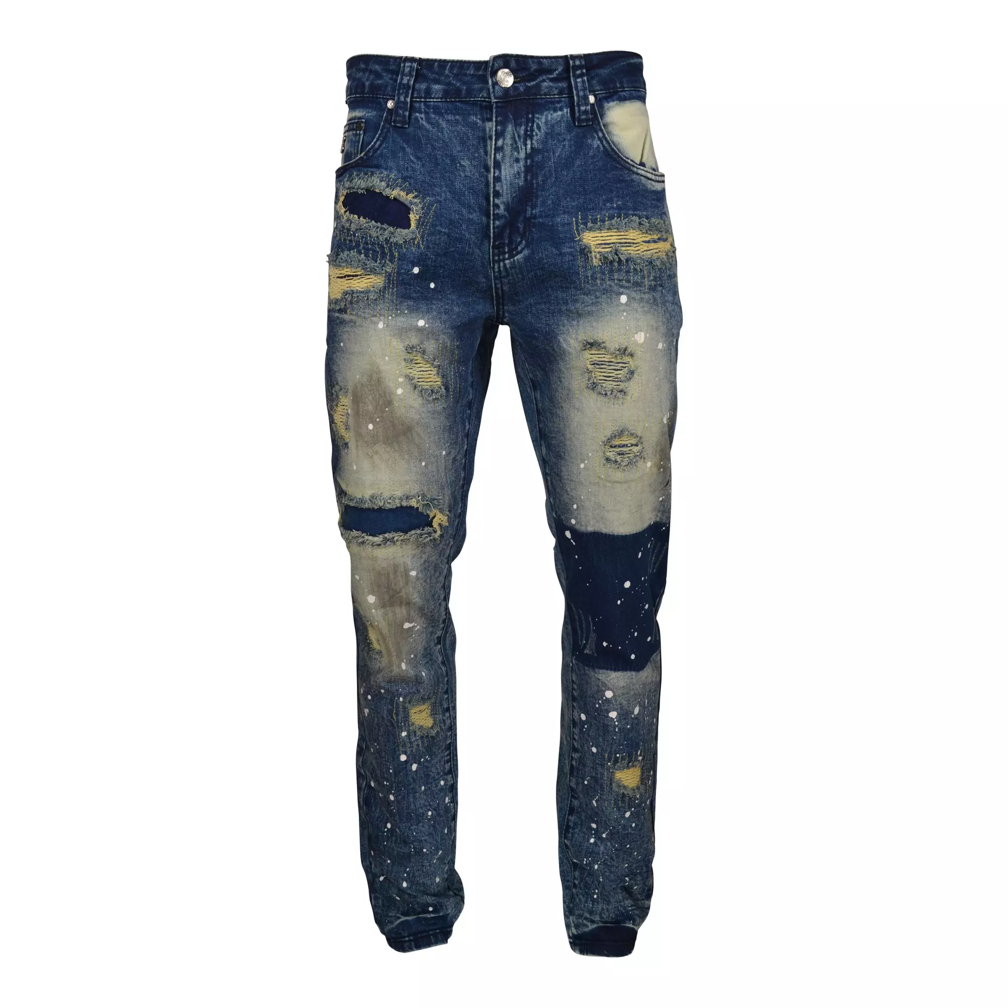 Grindhouse Men's Blue Heavy Rips Slim Fir Denim Jeans - Dark Blue - BLUE