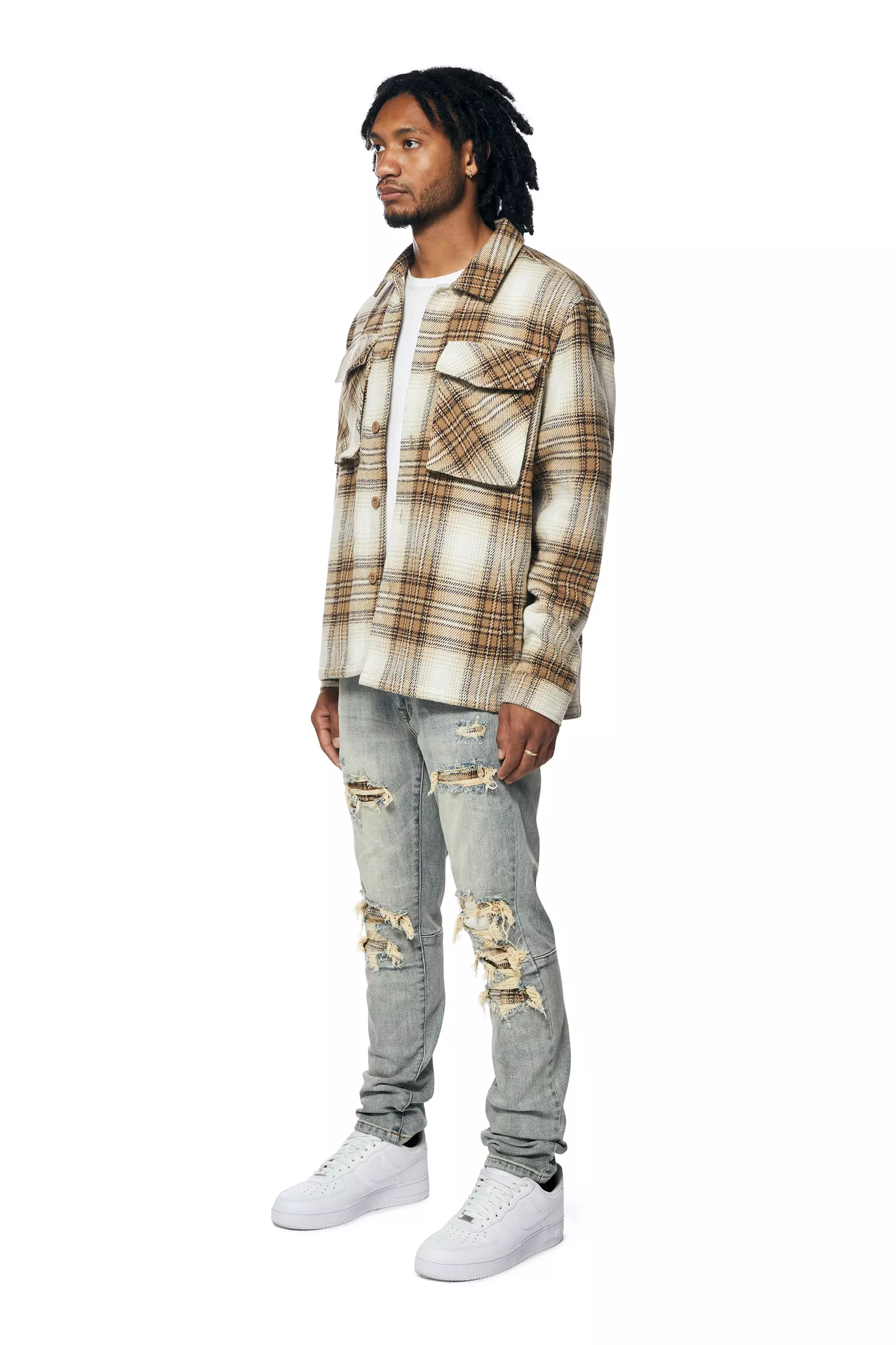 Grindhouse Men's Plaid Flannel Shacket-Brown - BROWN
