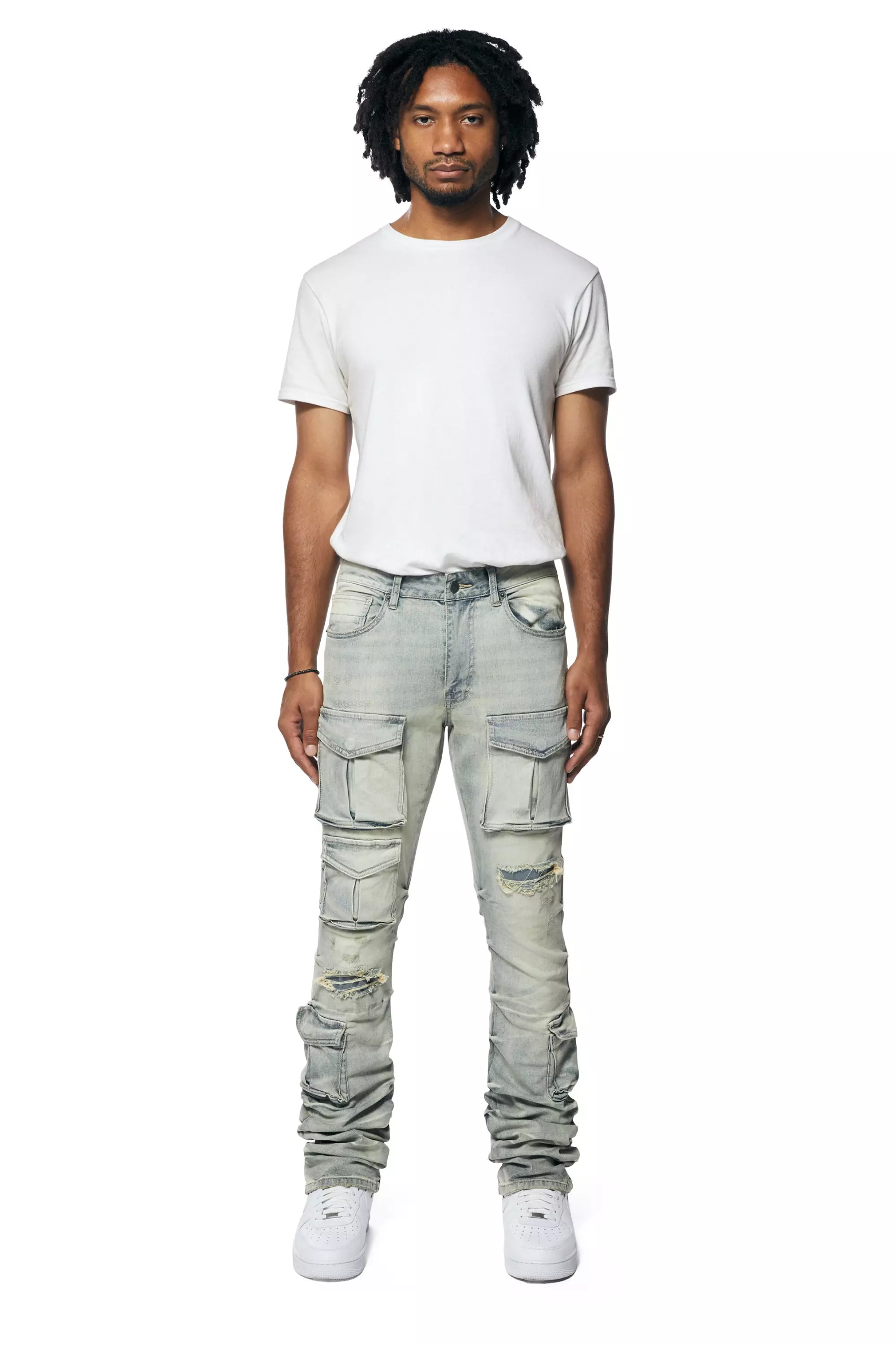 Grindhouse Men's Stacked Flare Cargo Denim Jeans - BLUE