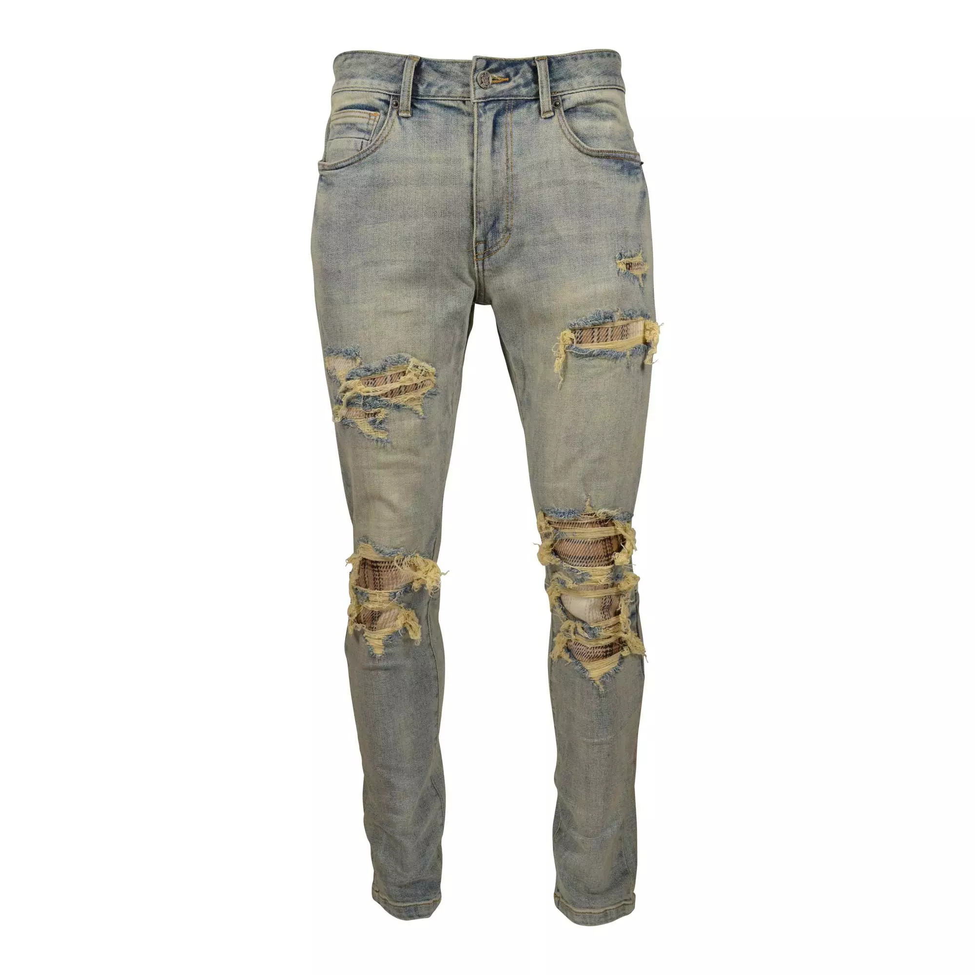 Grindhouse Men's Ripped With Plaid Backing Denim Jeans - BLUE