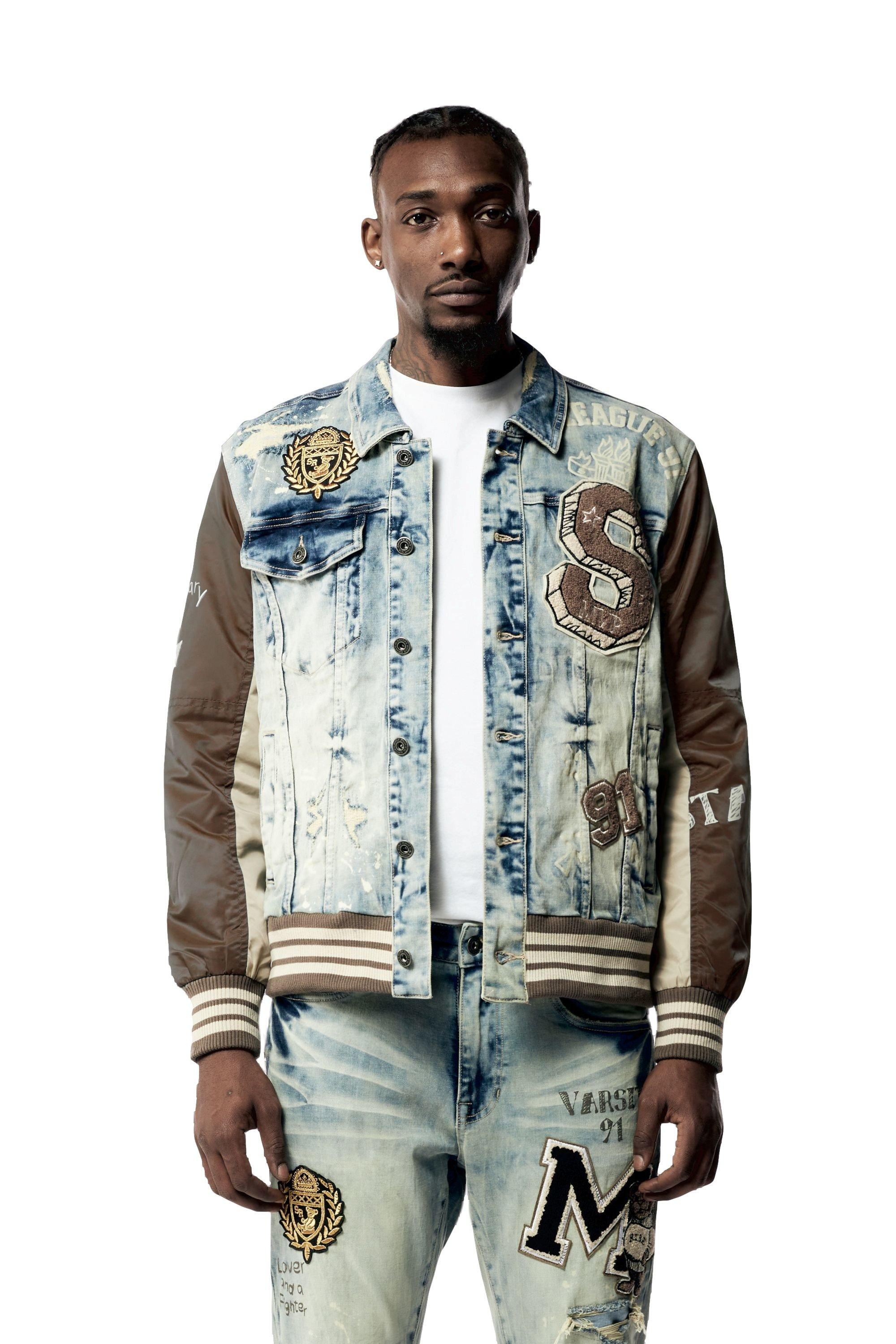 Smoke Rise Men's Varsity Denim and Nylon Jacket - BLUE Thumbnail View 1