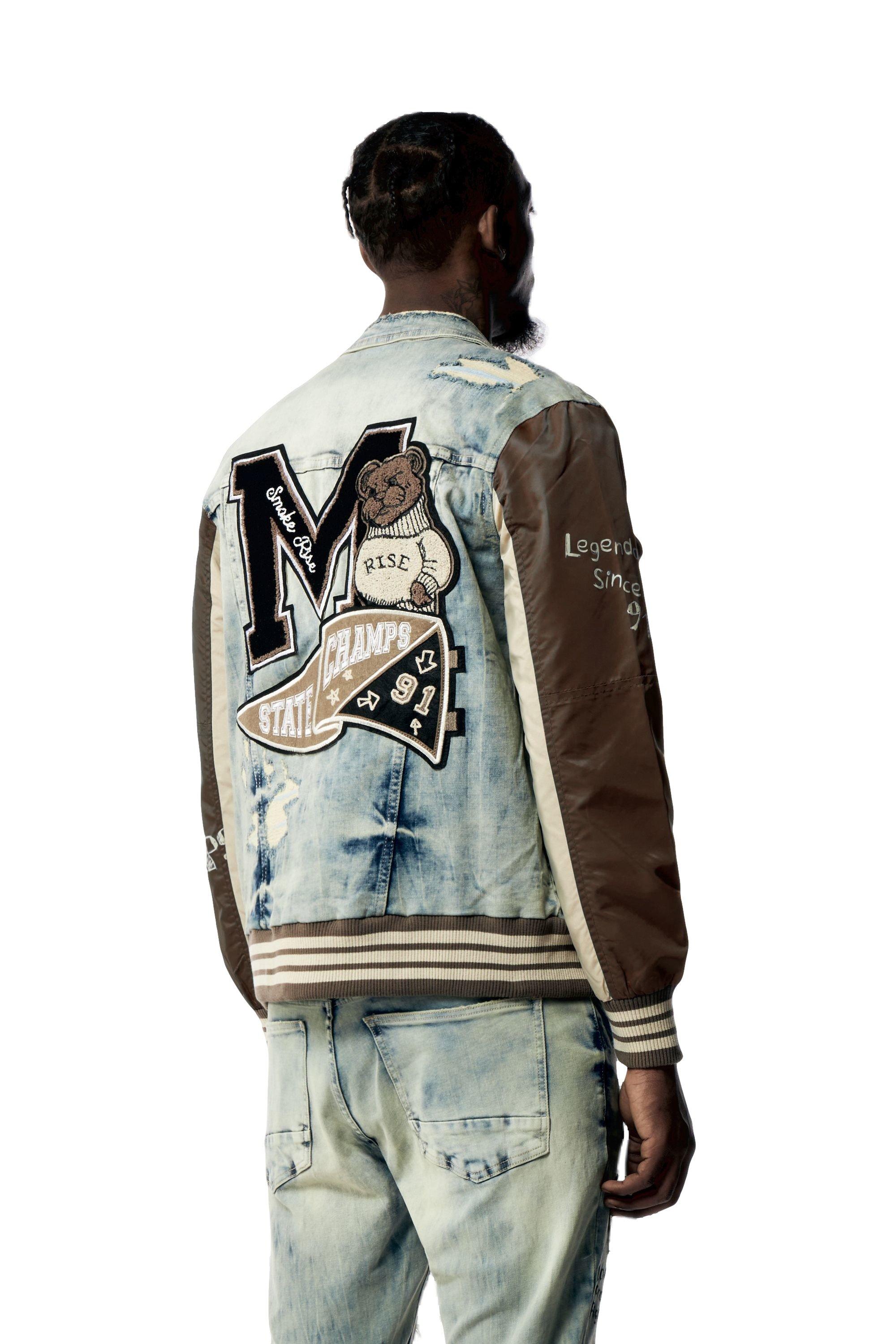 Smoke Rise Men's Varsity Denim and Nylon Jacket - BLUE Thumbnail View 2