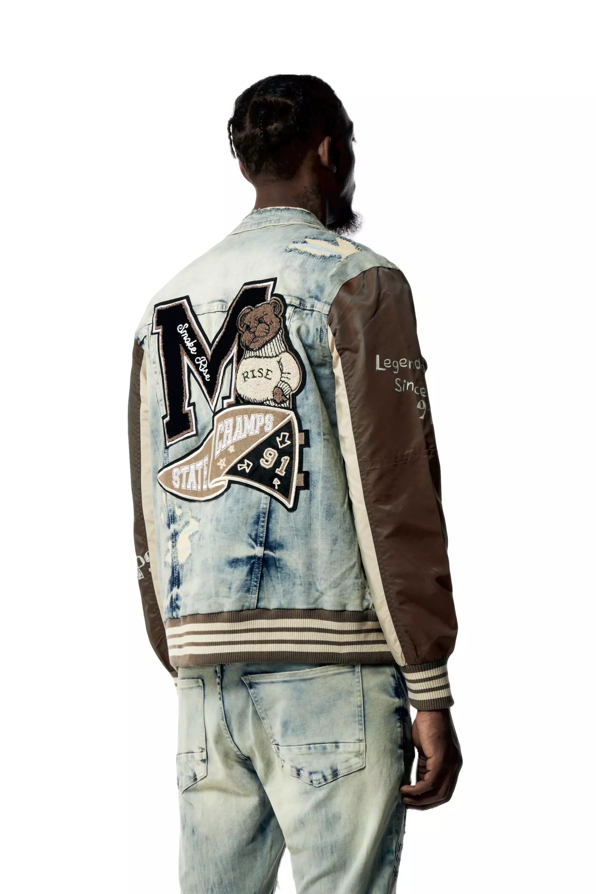 Smoke Rise Men's Varsity Denim and Nylon Jacket - BLUE