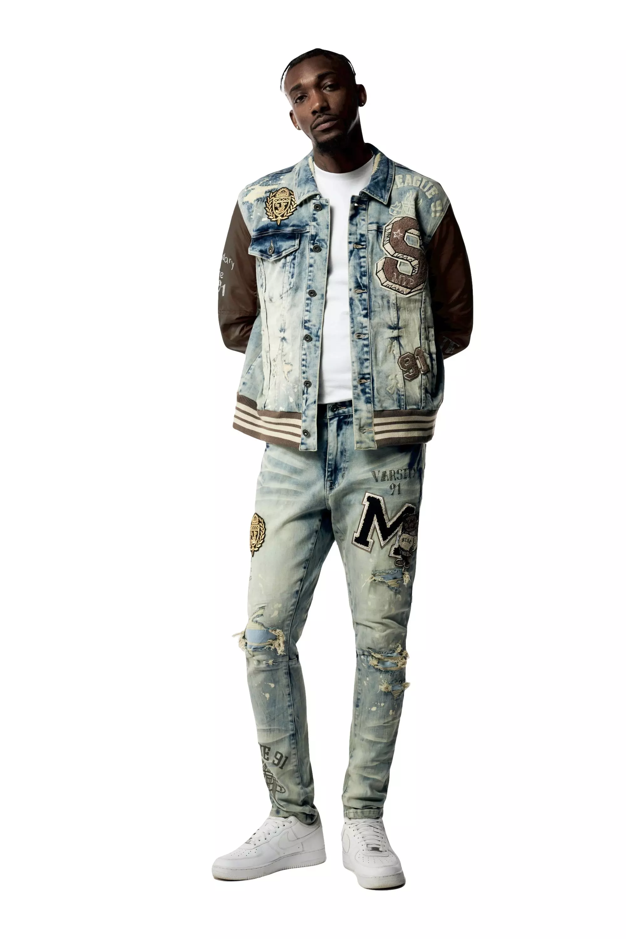 Smoke Rise Men's Varsity Denim and Nylon Jacket - BLUE