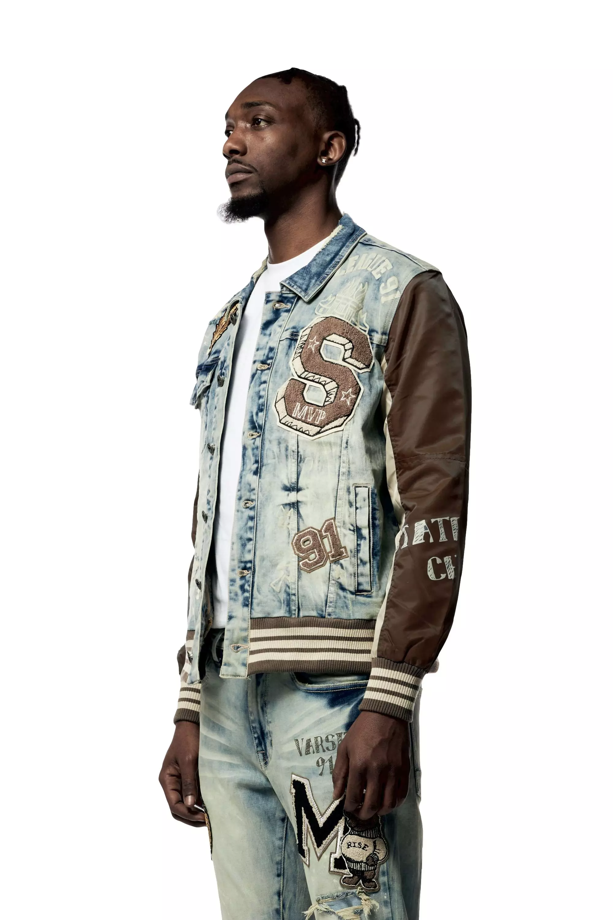 Smoke Rise Men's Varsity Denim and Nylon Jacket - BLUE