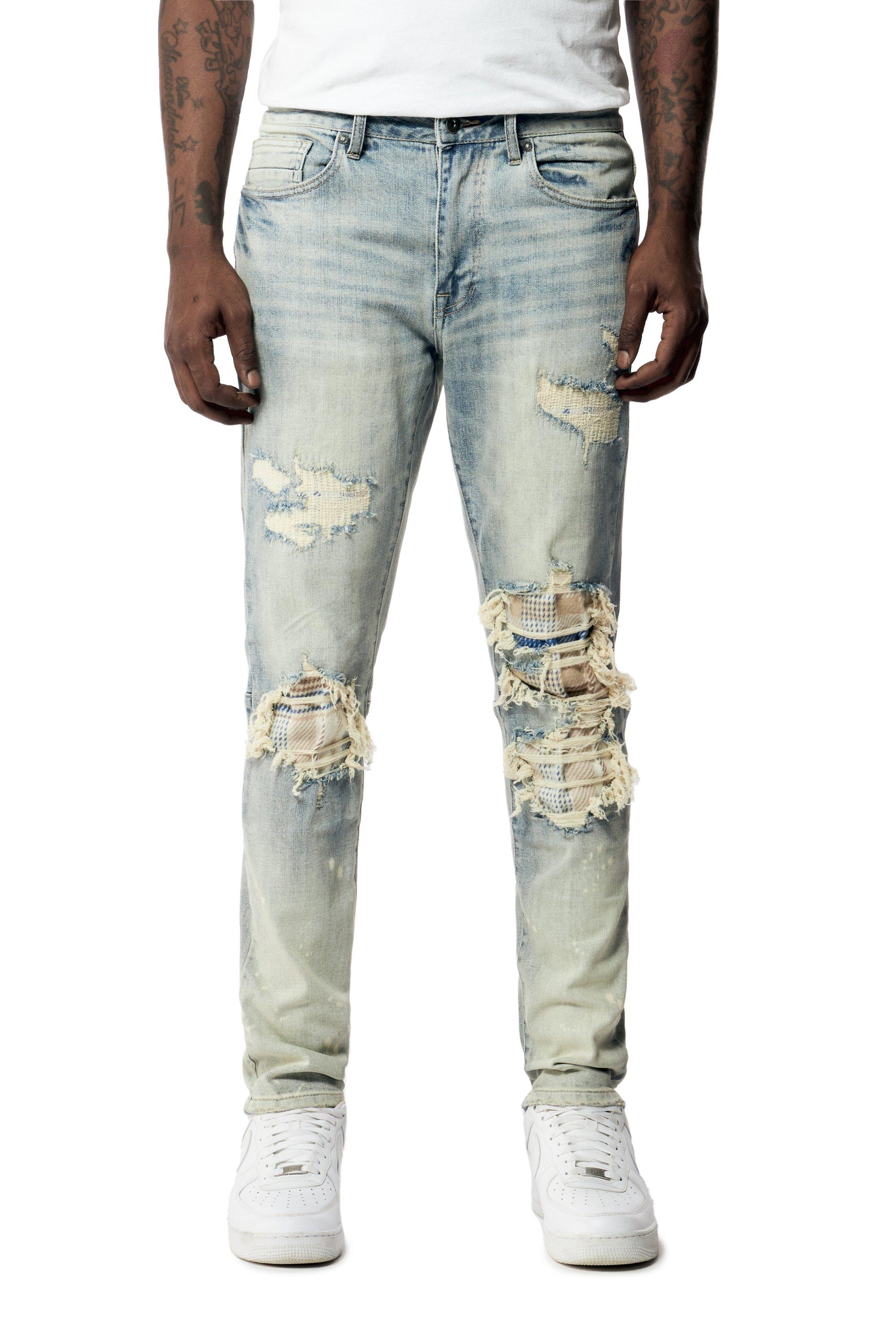 Smoke Rise Men's Plaid Backed Slim Fit Light Wash Denim Jeans - LT BLUE Thumbnail View 1