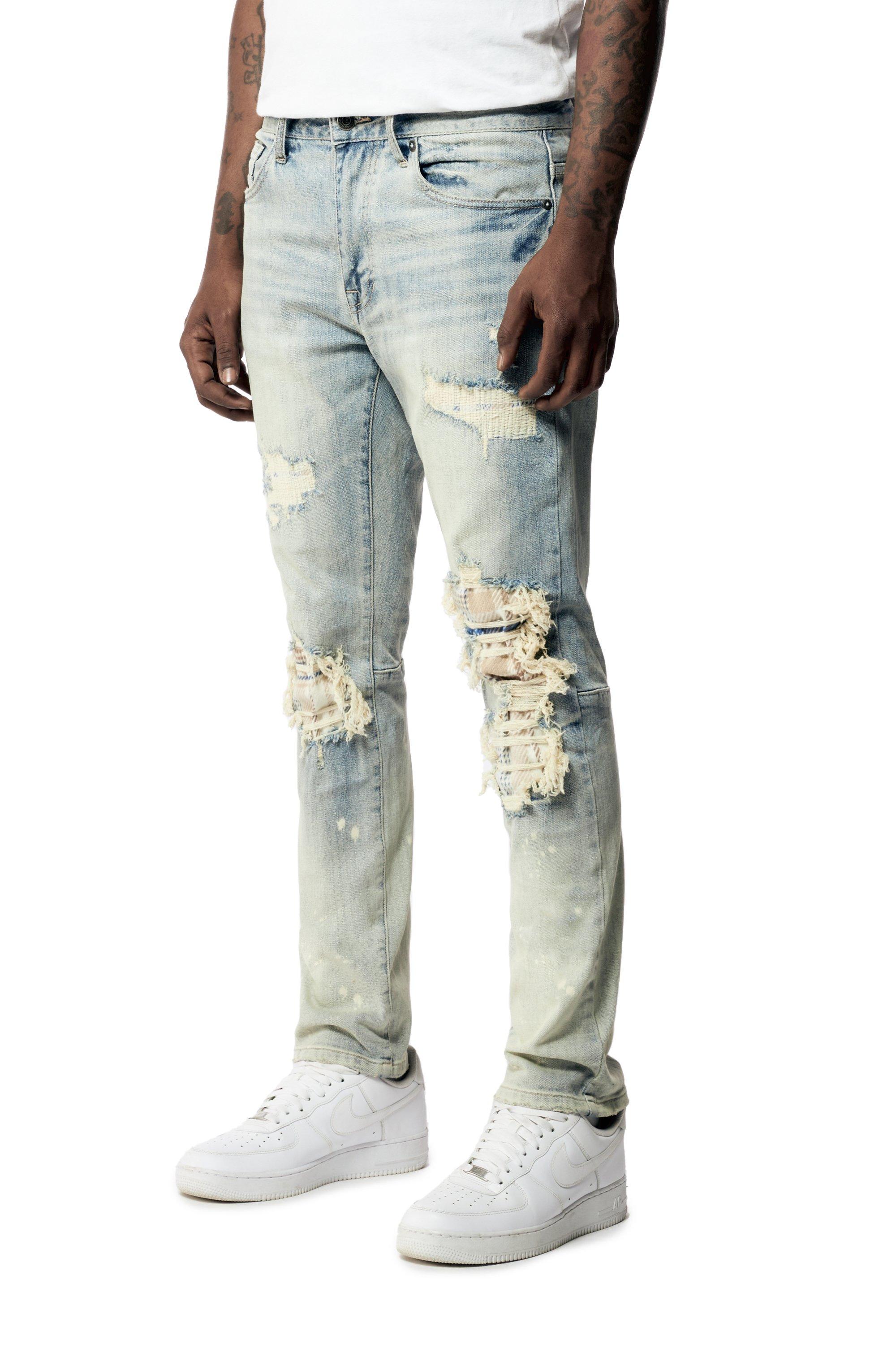 Smoke Rise Men's Plaid Backed Slim Fit Light Wash Denim Jeans - LT BLUE Thumbnail View 3