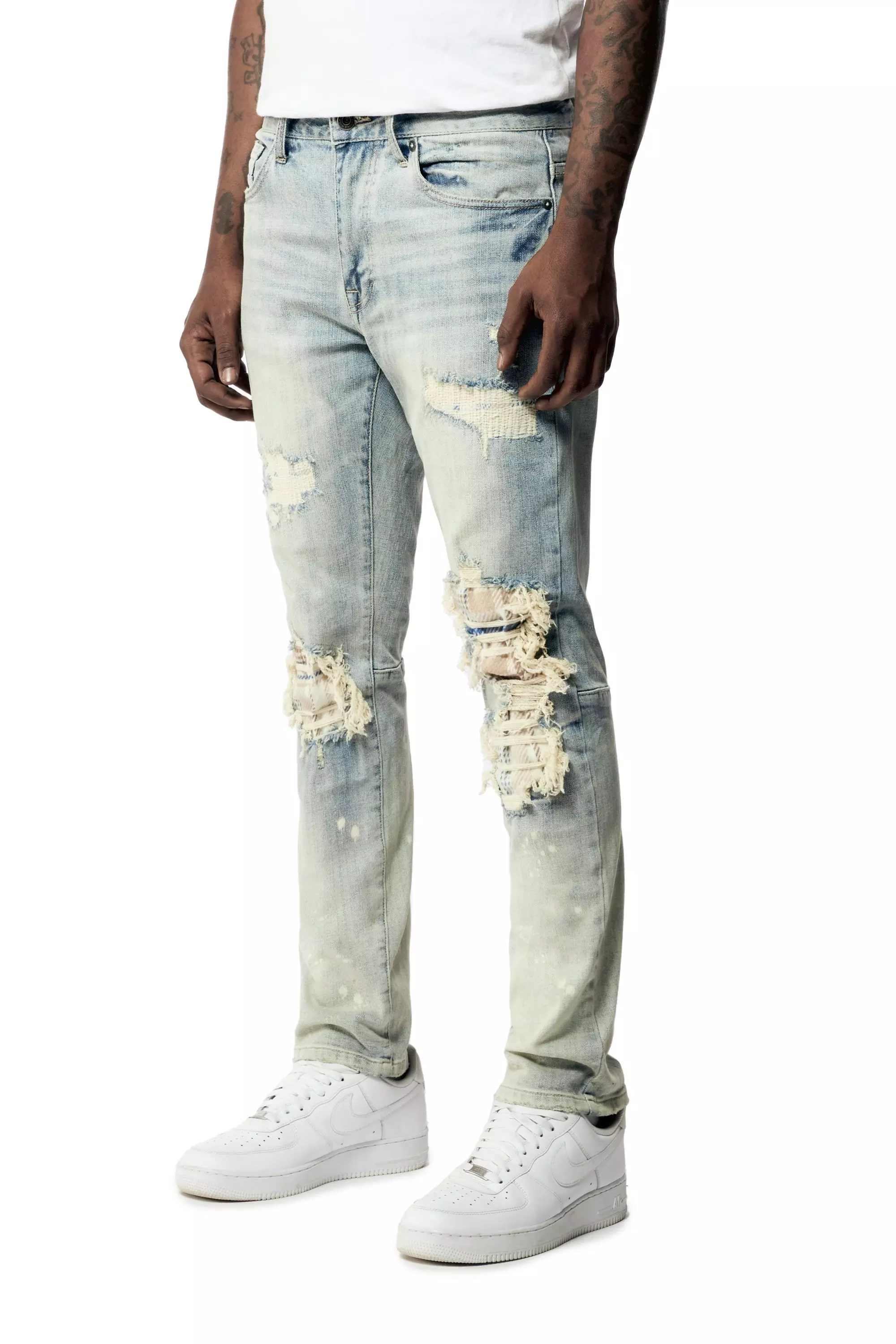 Smoke Rise Men's Plaid Backed Slim Fit Light Wash Denim Jeans - LT BLUE