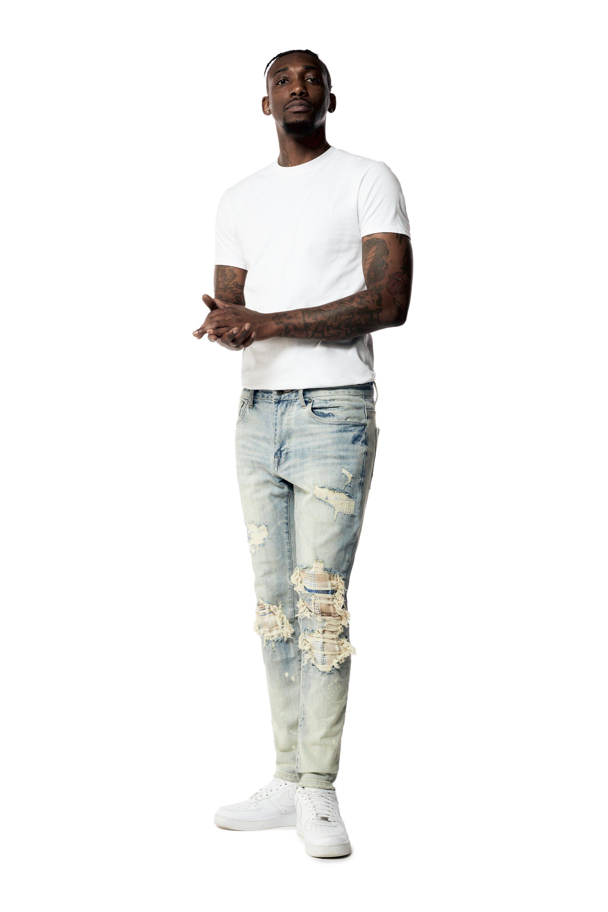 Smoke Rise Men's Plaid Backed Slim Fit Light Wash Denim Jeans - LT BLUE Thumbnail View 4