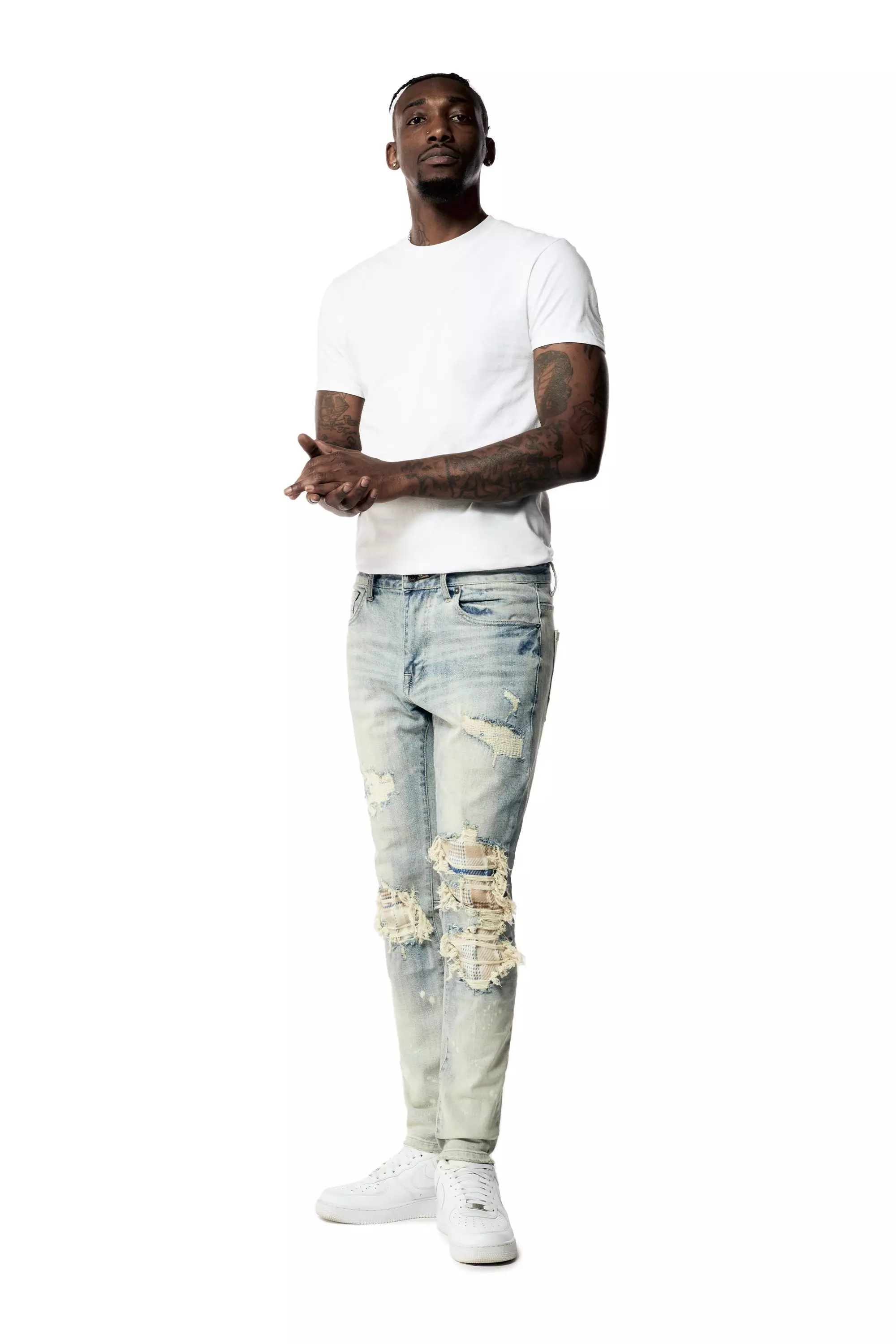 Smoke Rise Men's Plaid Backed Slim Fit Light Wash Denim Jeans - LT BLUE