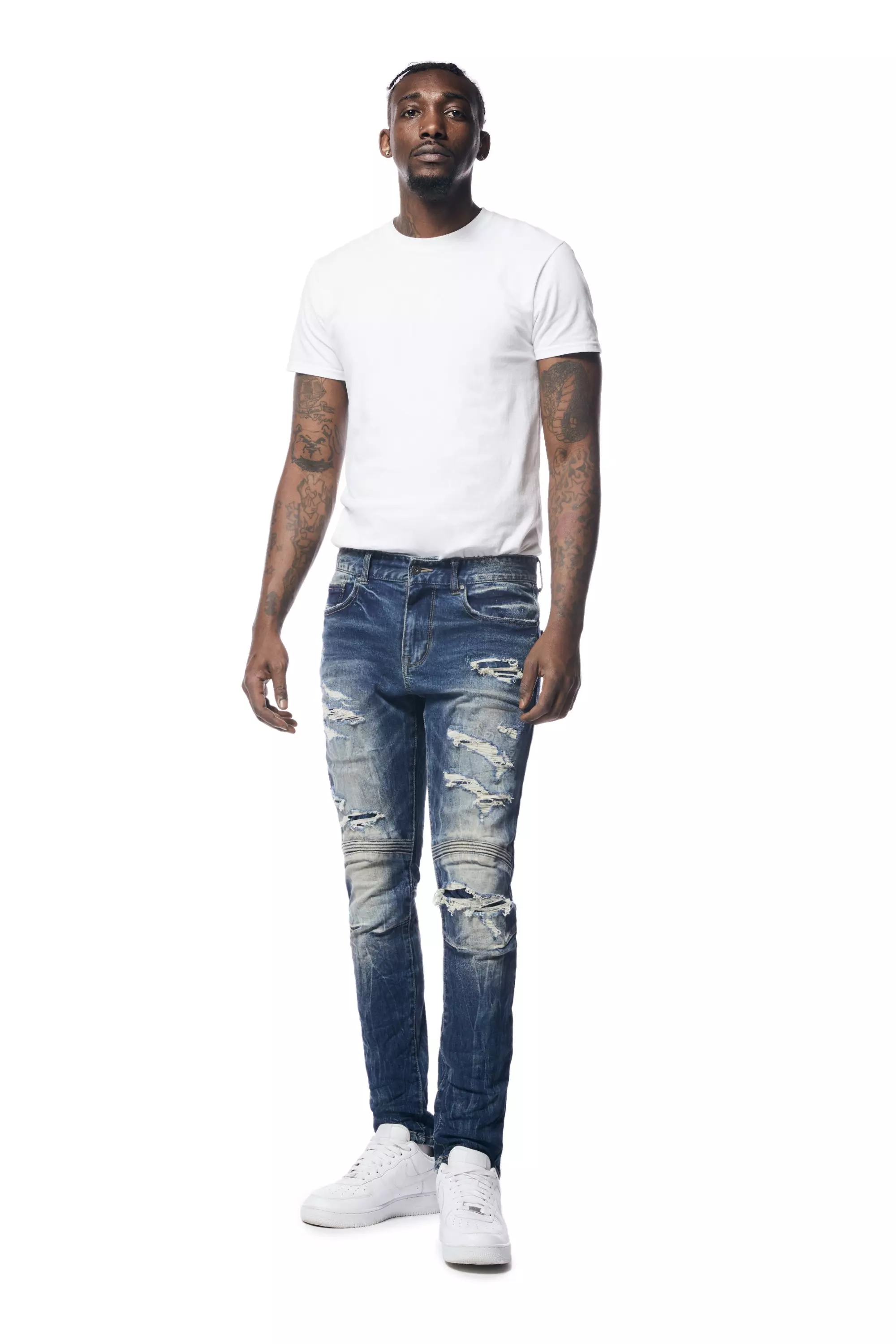 Smoke Rise Men's Premium Slim Fit Washed Rip And Repair Jeans - BLUE