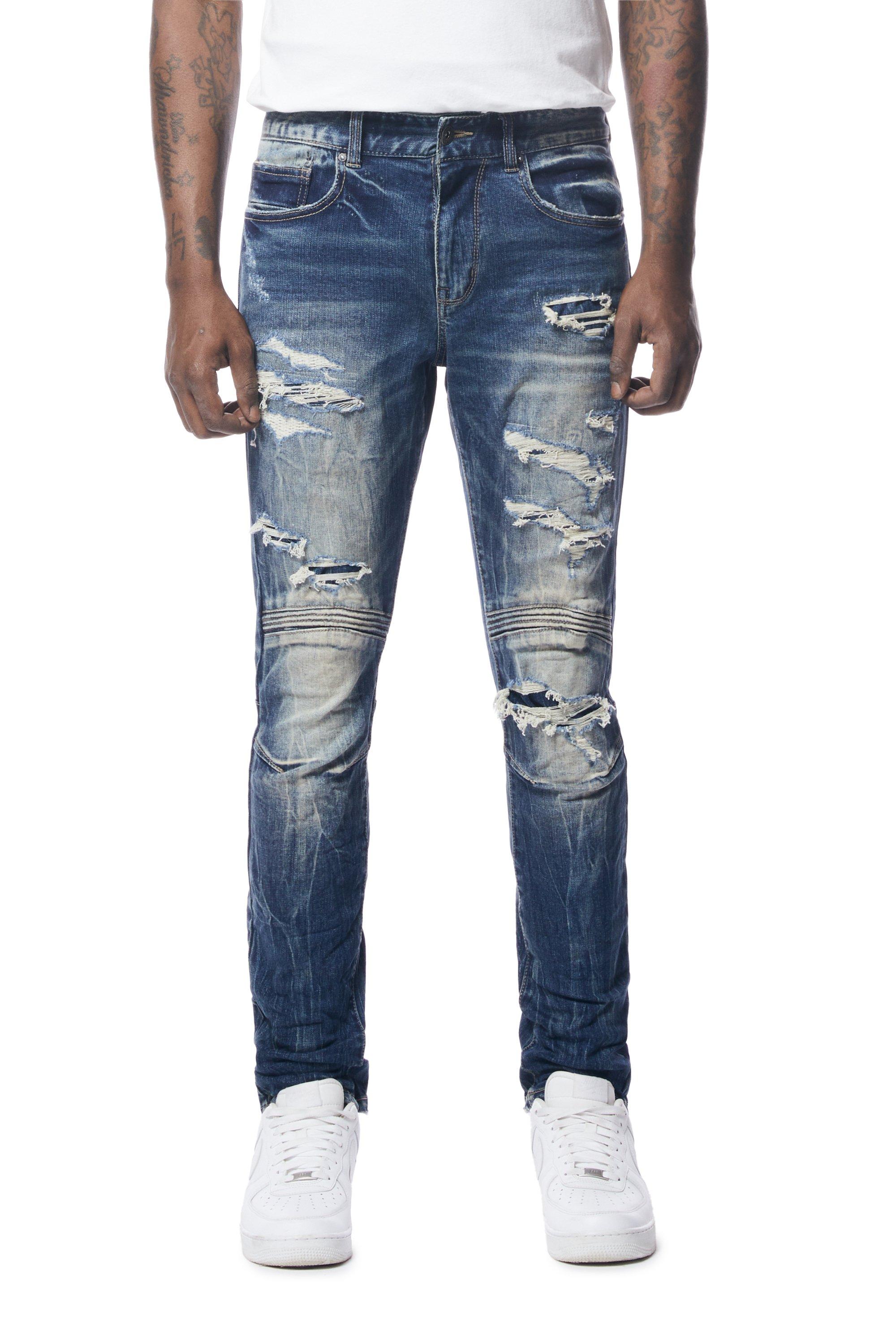 Smoke Rise Men's Premium Slim Fit Washed Rip And Repair Jeans - BLUE Thumbnail View 4