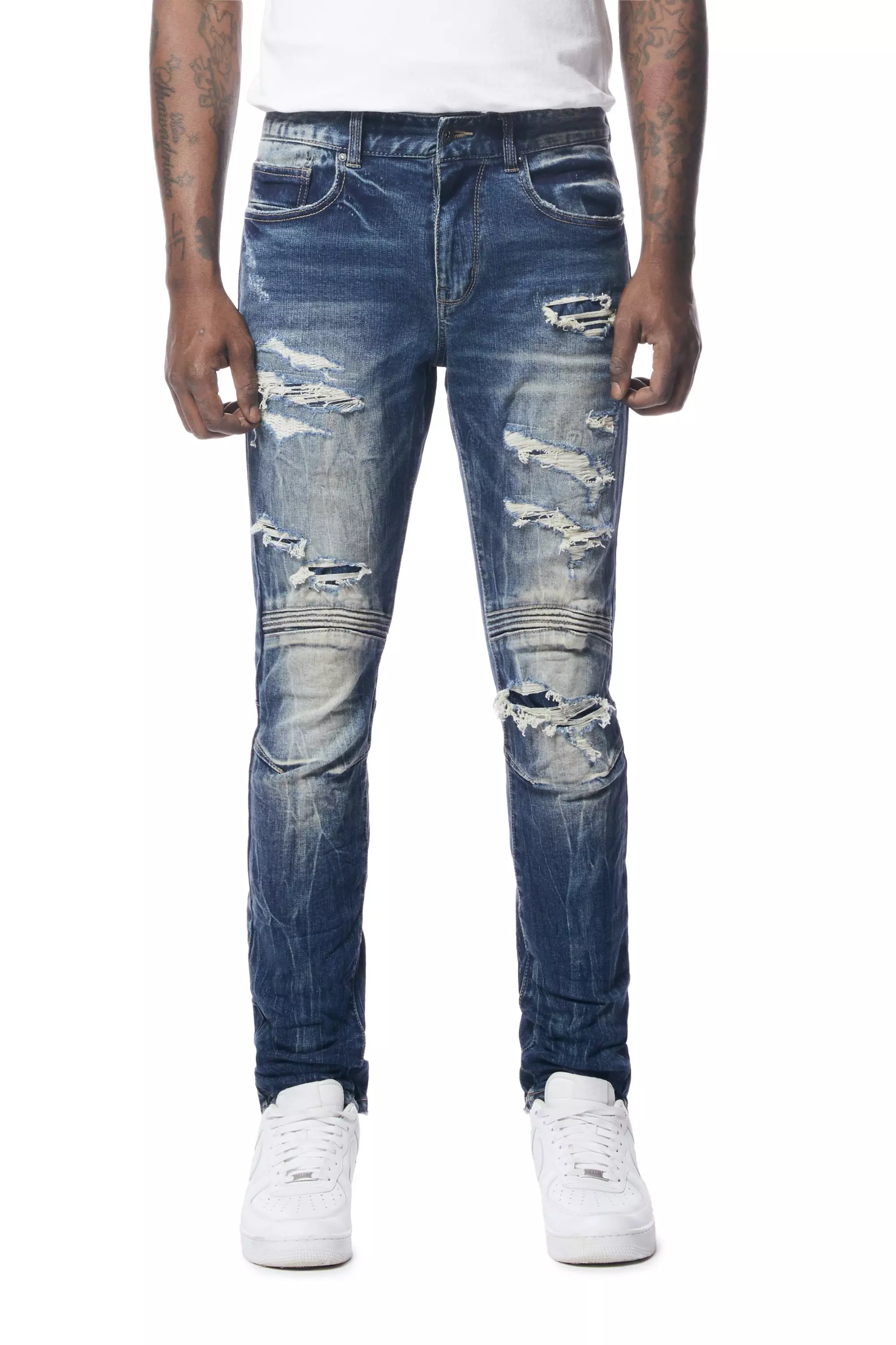 Smoke Rise Men's Premium Slim Fit Washed Rip And Repair Jeans - BLUE