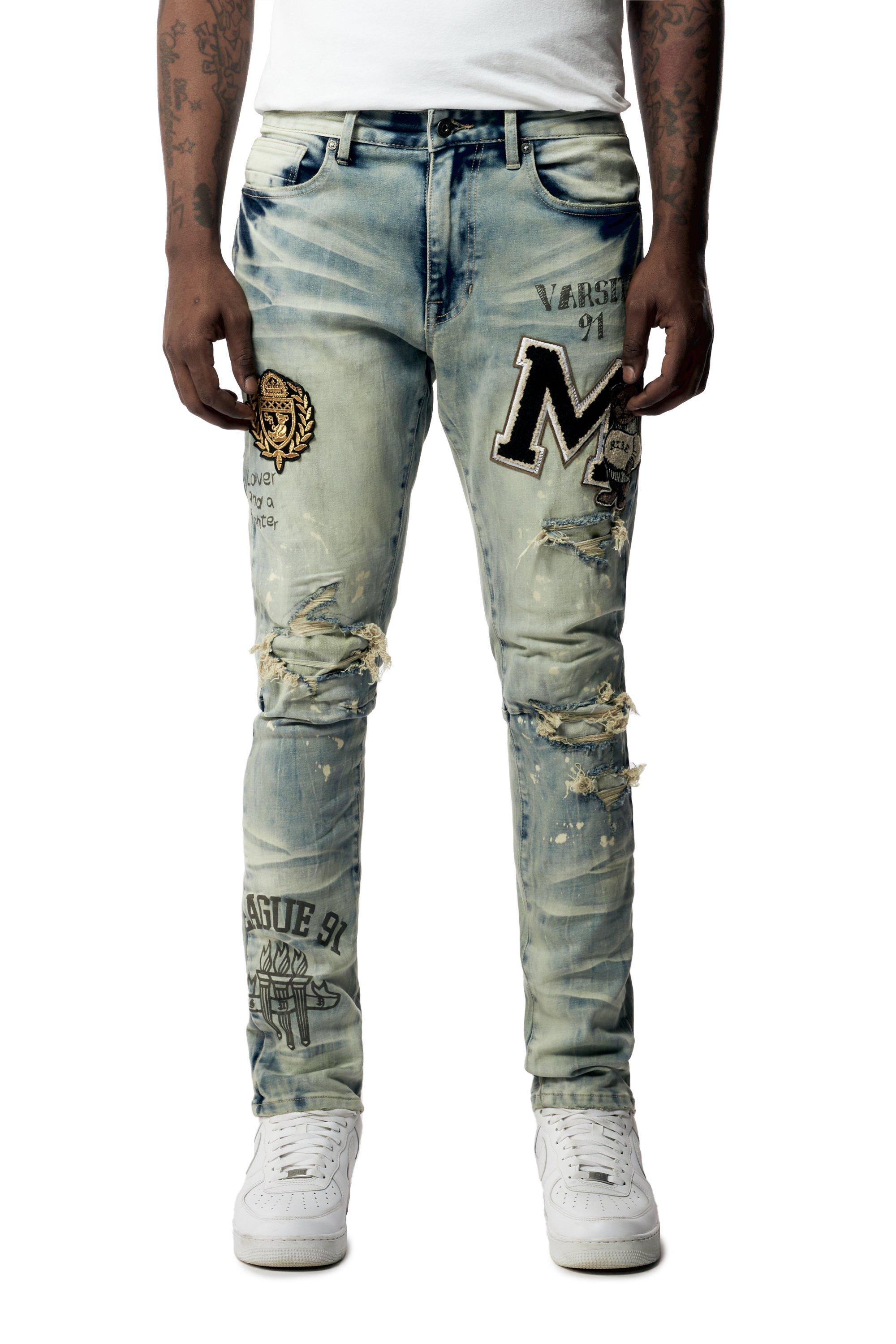 Smoke Rise Men's Varsity Slim Fit Denim Jeans - BLUE Thumbnail View 1