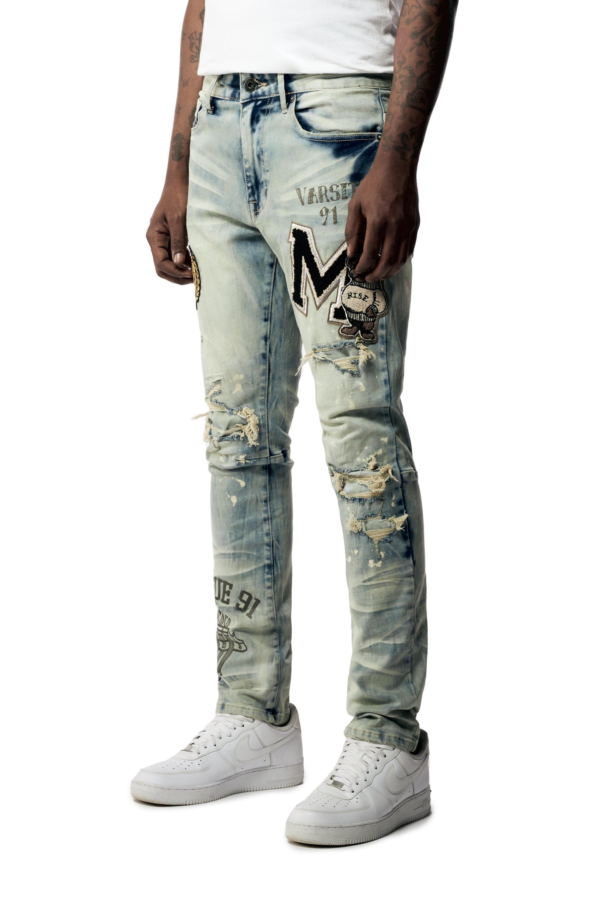 Smoke Rise Men's Varsity Slim Fit Denim Jeans - BLUE Thumbnail View 3