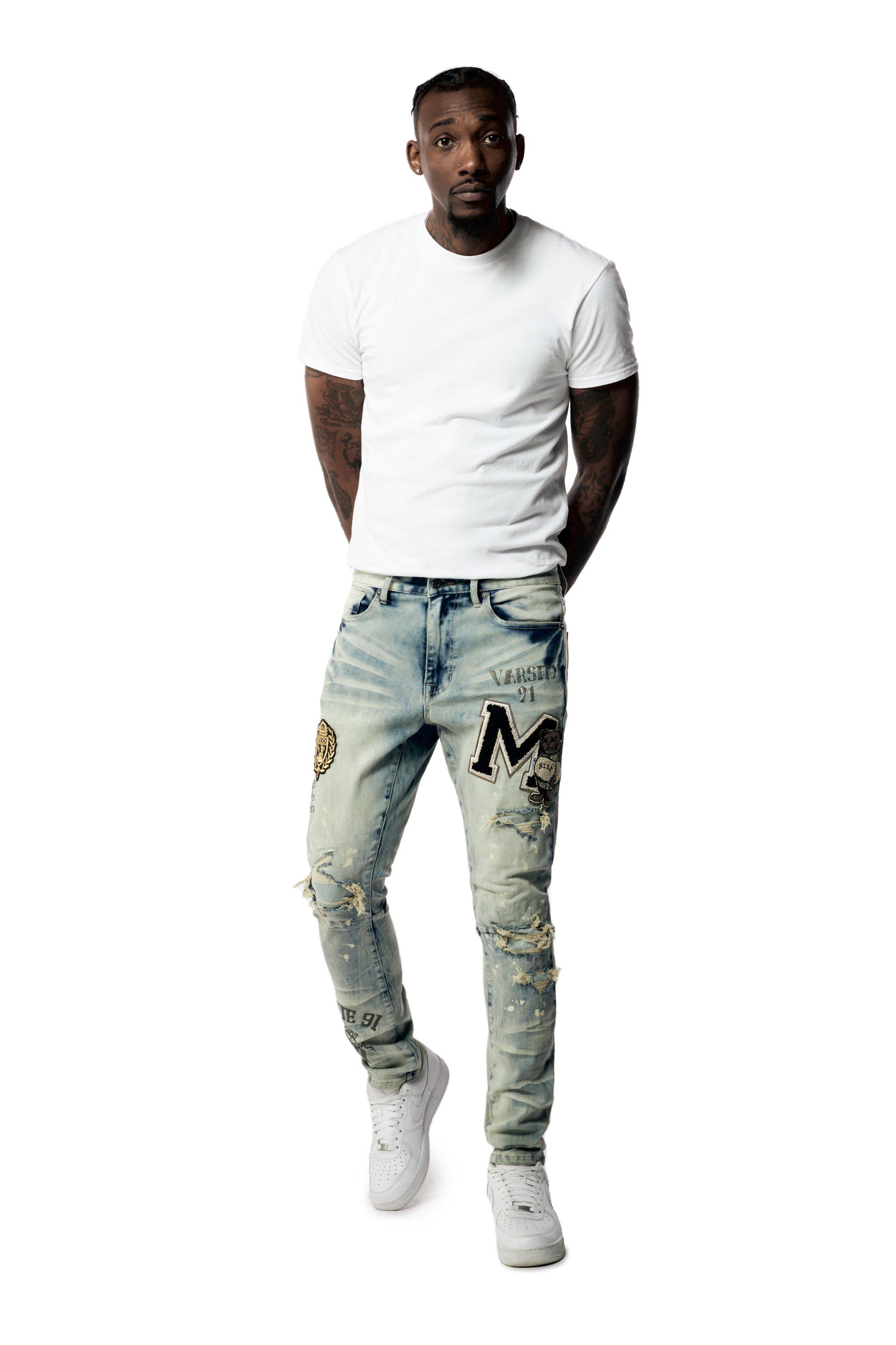 Smoke Rise Men's Varsity Slim Fit Denim Jeans - BLUE Thumbnail View 4