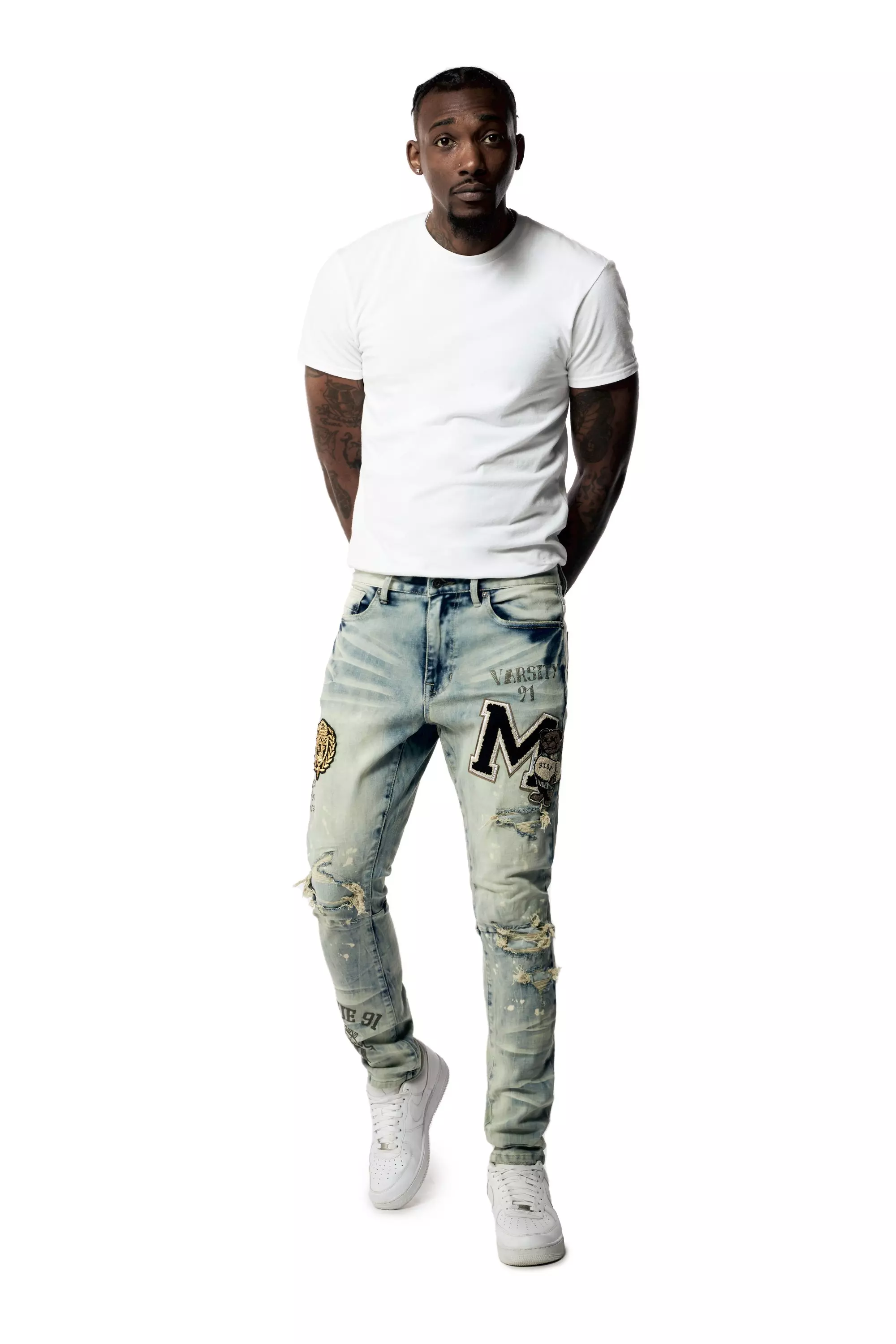 Smoke Rise Men's Varsity Slim Fit Denim Jeans - BLUE