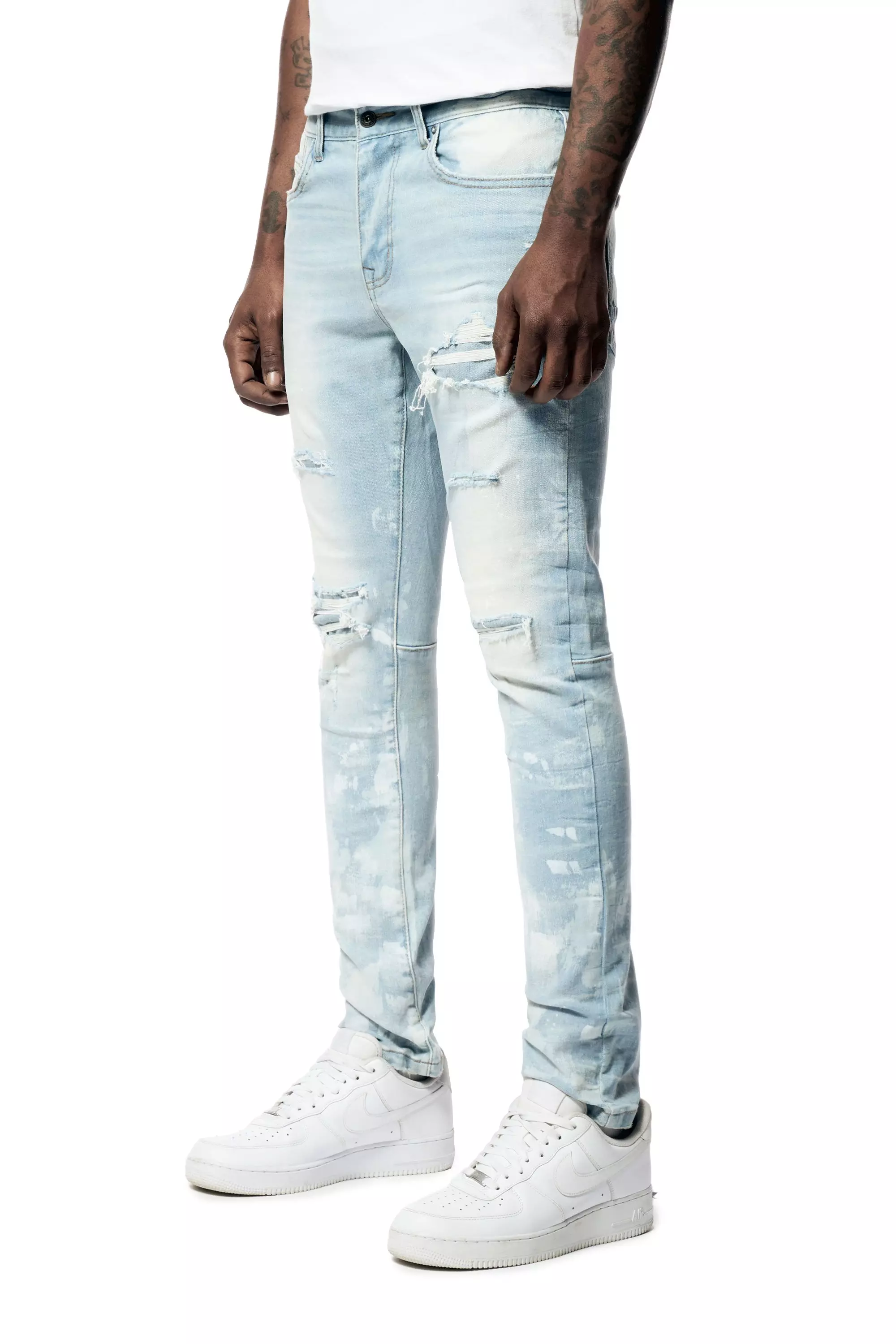 Smoke Rise Men's Paint Rip And Repair Slim Fit Denim Jeans - BLUE