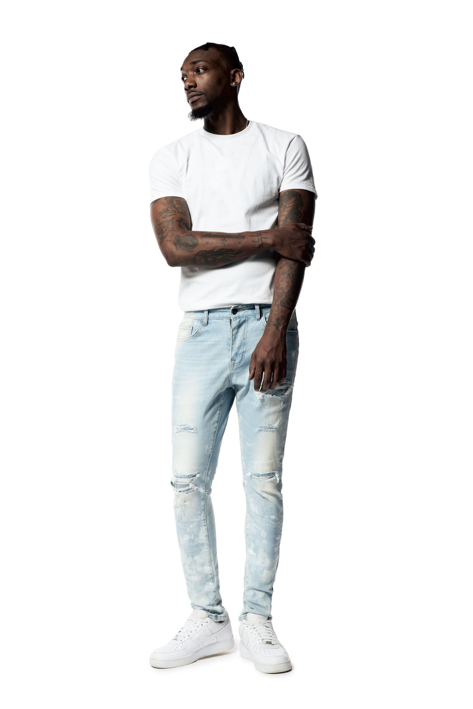 Smoke Rise Men's Paint Rip And Repair Slim Fit Denim Jeans - BLUE Thumbnail View 4