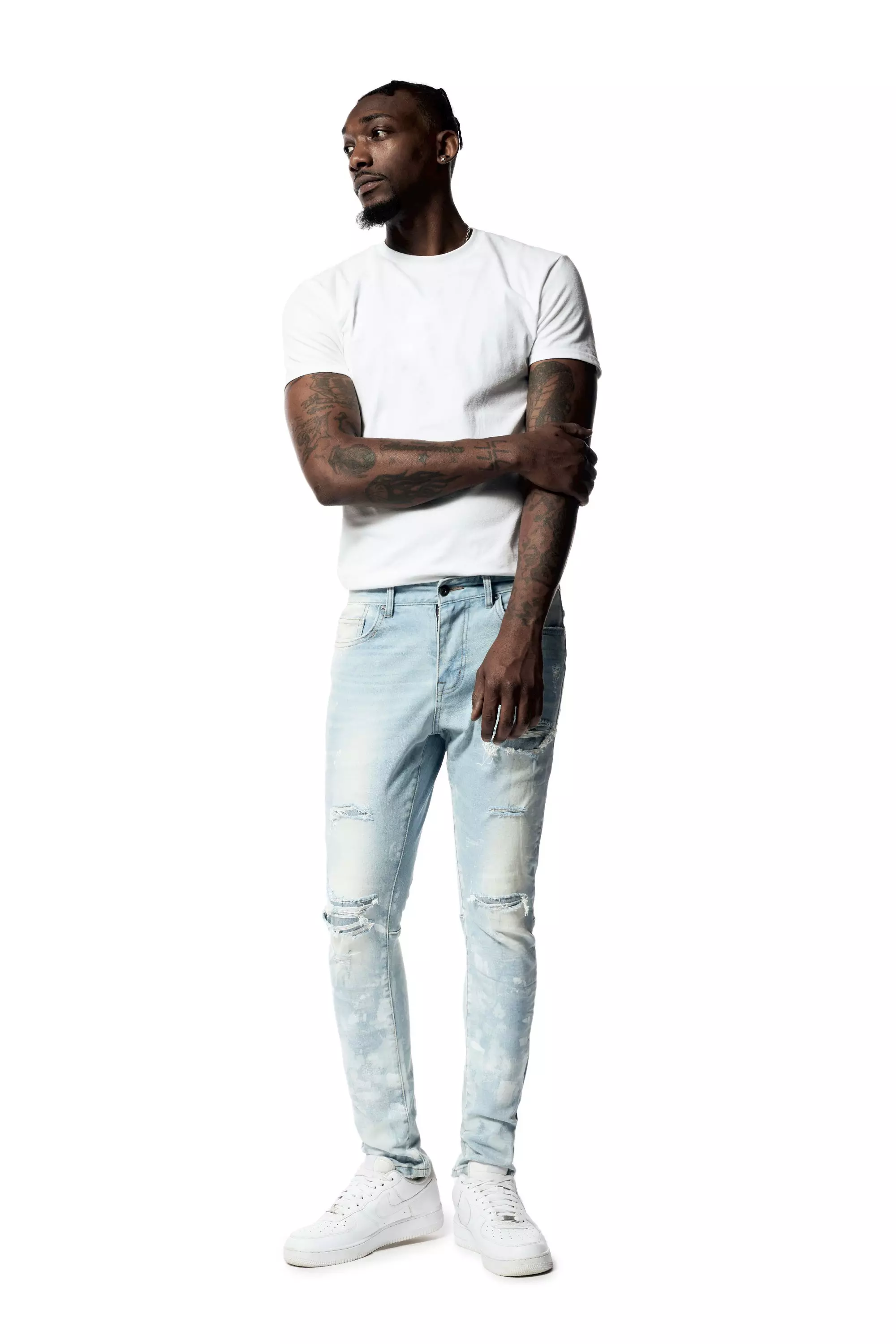 Smoke Rise Men's Paint Rip And Repair Slim Fit Denim Jeans - BLUE